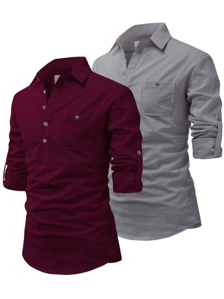 Vida Loca Dark grey Cotton Blend Men's Shirt Style Kurta ( Pack of 2 ) Vida Loca Dark grey Cotton Blend Men's Shirt Style Kurta ( Pack of 2 )