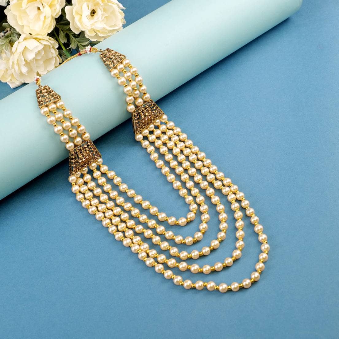 pearl beads Dulha groom sherwani Necklace/Moti Mala for Men for wedding | Exquisite Groom Mala | Perfect for Grooms - Jewellery Sets | Buy online on ZillyBuy