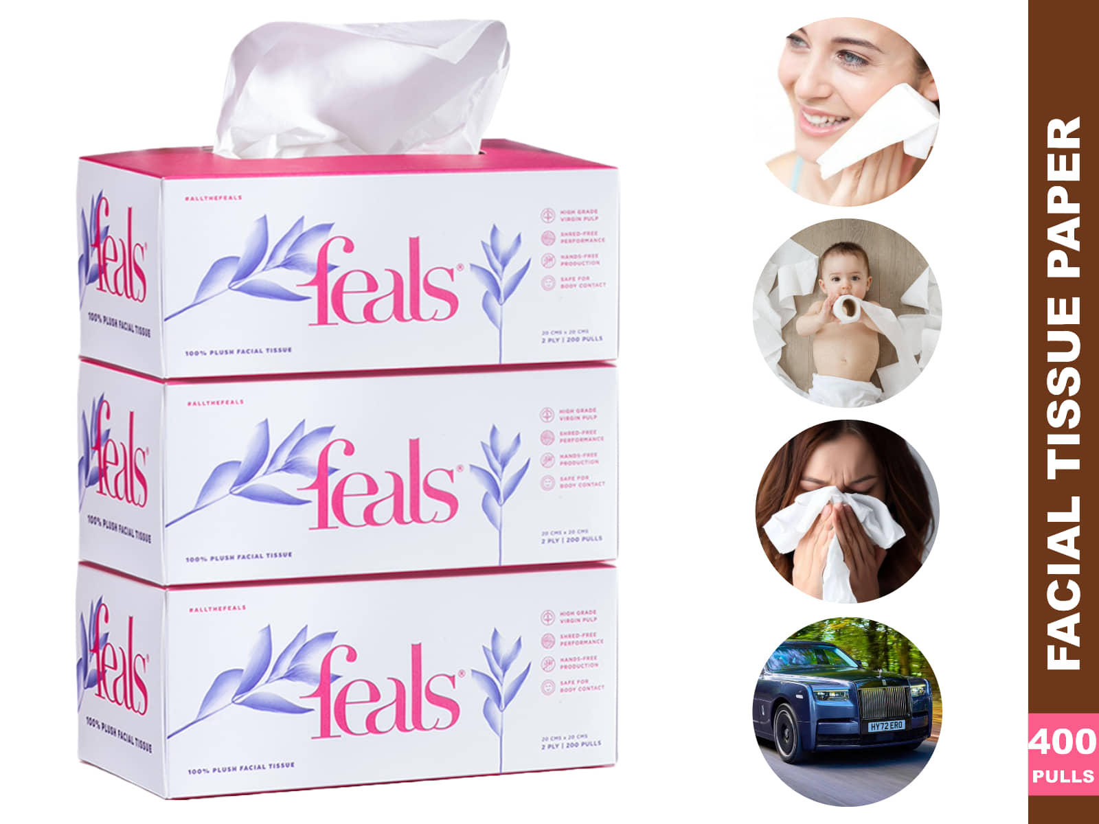 FEALS 2 Ply Facial Tissues No Chemicals & Lint Free, High Absorbent 600 Pulls (3 Pack of 200 Pulls)