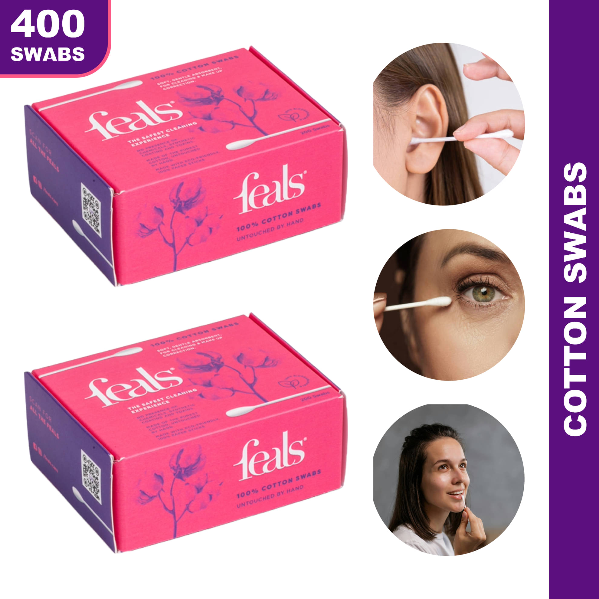 FEALS Cotton Ear Buds Chemical Free, Biodegradable 400 Paper Sticks 800 Tips (2 Packs of 200 Sticks) FEALS Cotton Ear Buds Chemical Free, Biodegradable 400 Paper Sticks 800 Tips (2 Packs of 200 Sticks)