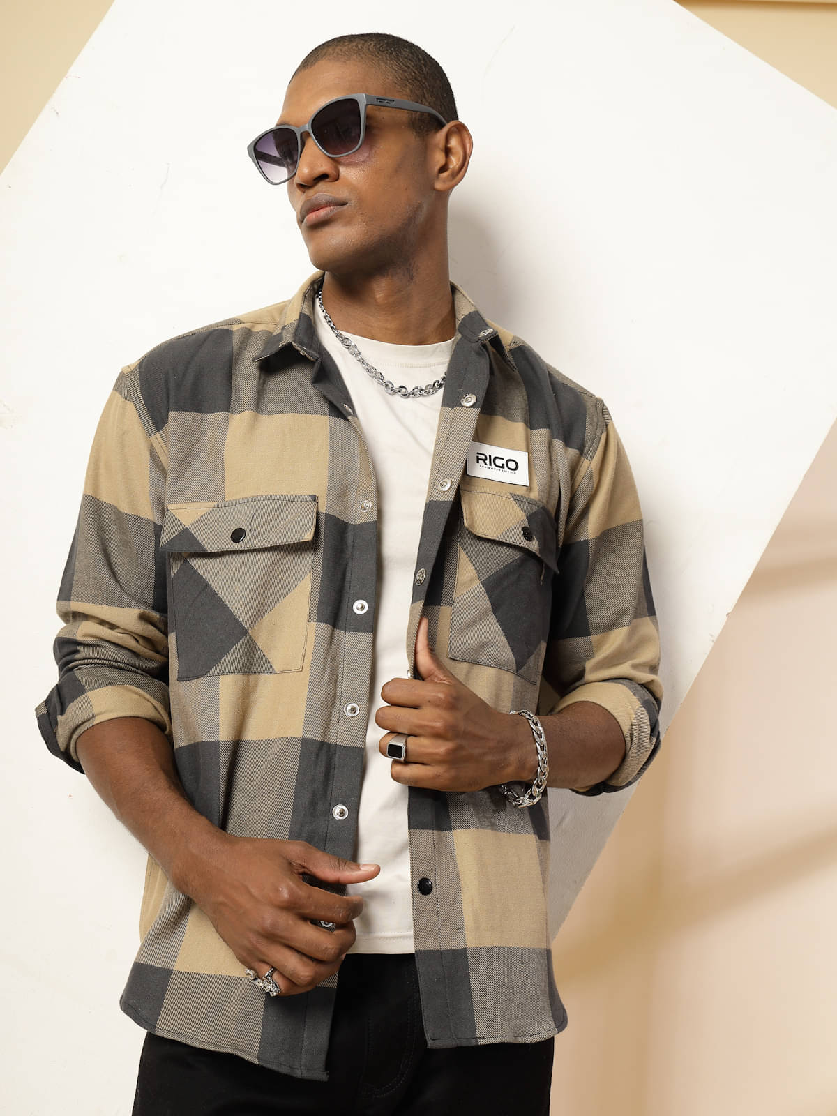     			Rigo Flannel Oversized Fit Checks Full Sleeves Men's Casual Shirt - Beige ( Pack of 1 )