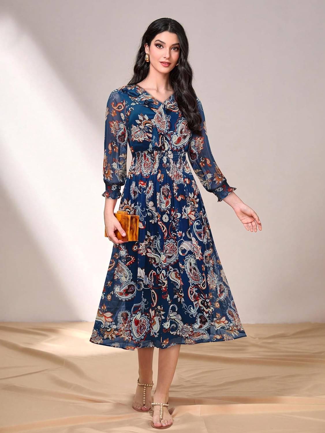     			TOOCHKI Women Georgette Printed Fit & Flare Dress ( Navy Blue )