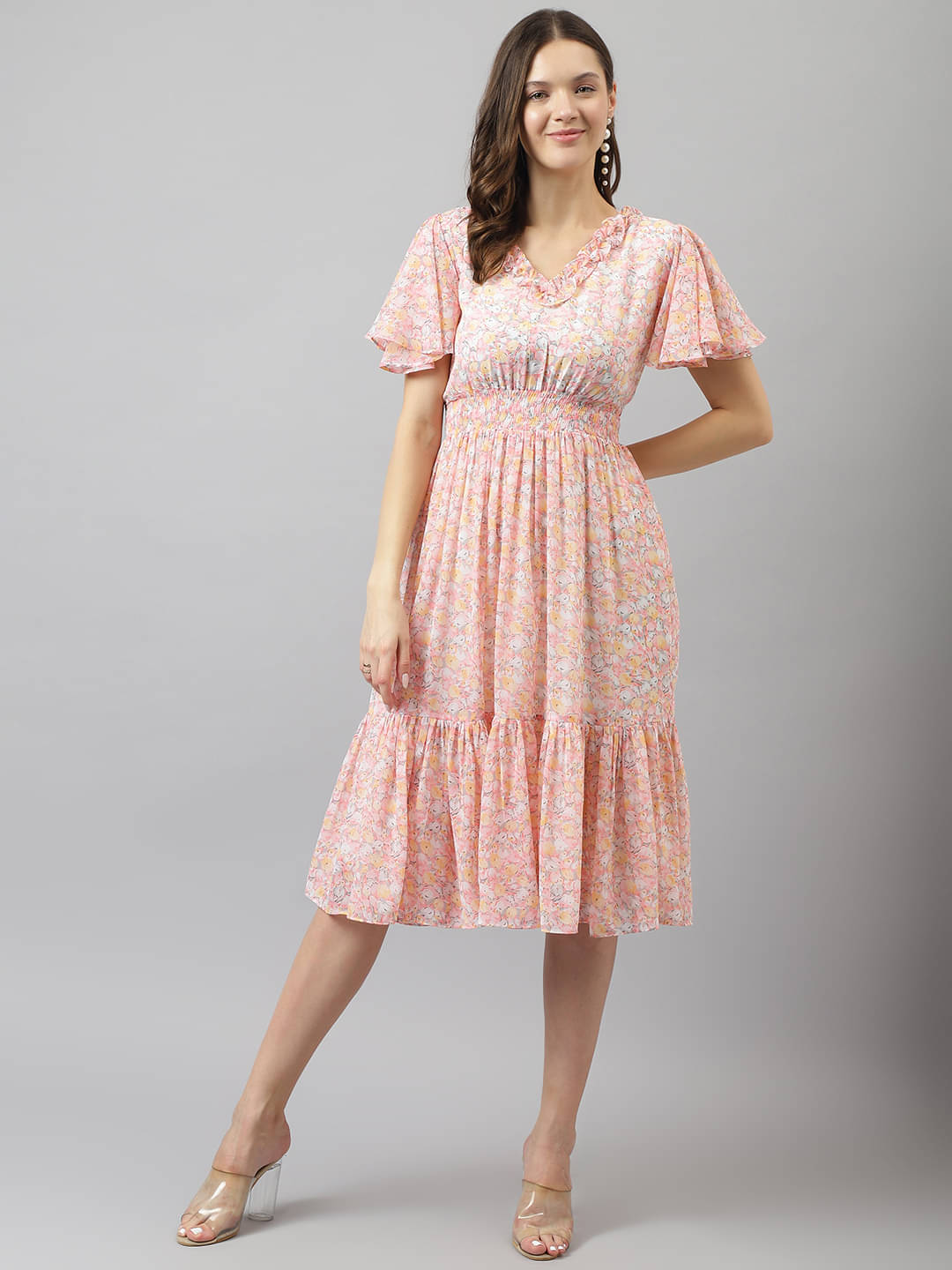     			TOOCHKI Women Georgette Printed Fit & Flare Dress ( Peach )