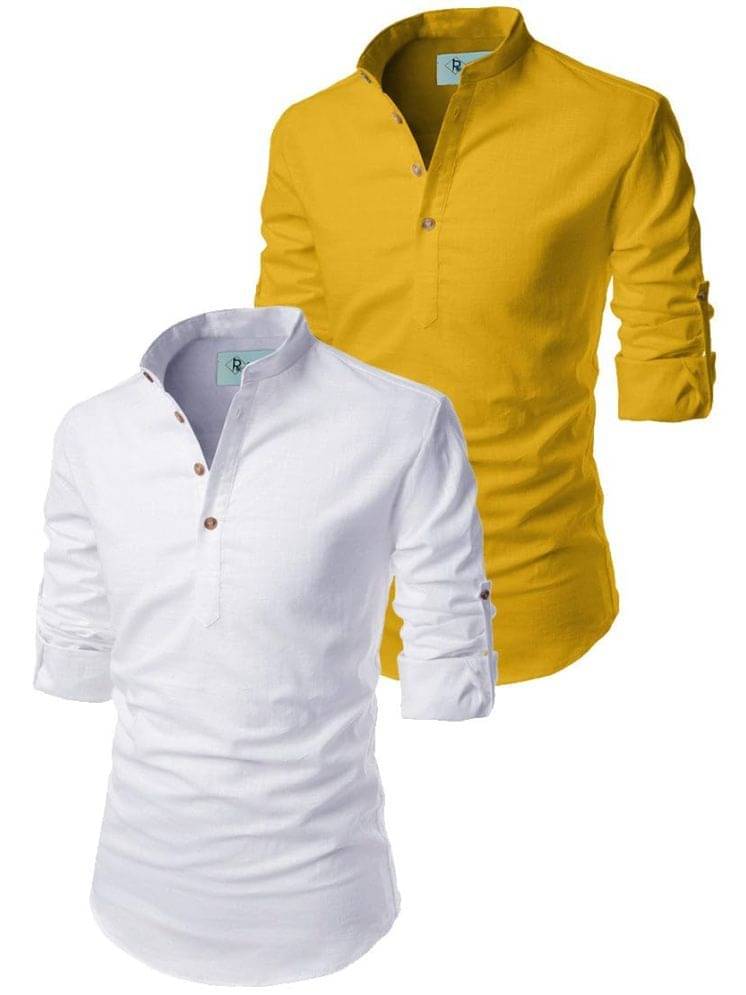 TrendiVastra Yellow Cotton Blend Men's Shirt Style Kurta ( Pack of 2 ) TrendiVastra Yellow Cotton Blend Men's Shirt Style Kurta ( Pack of 2 )