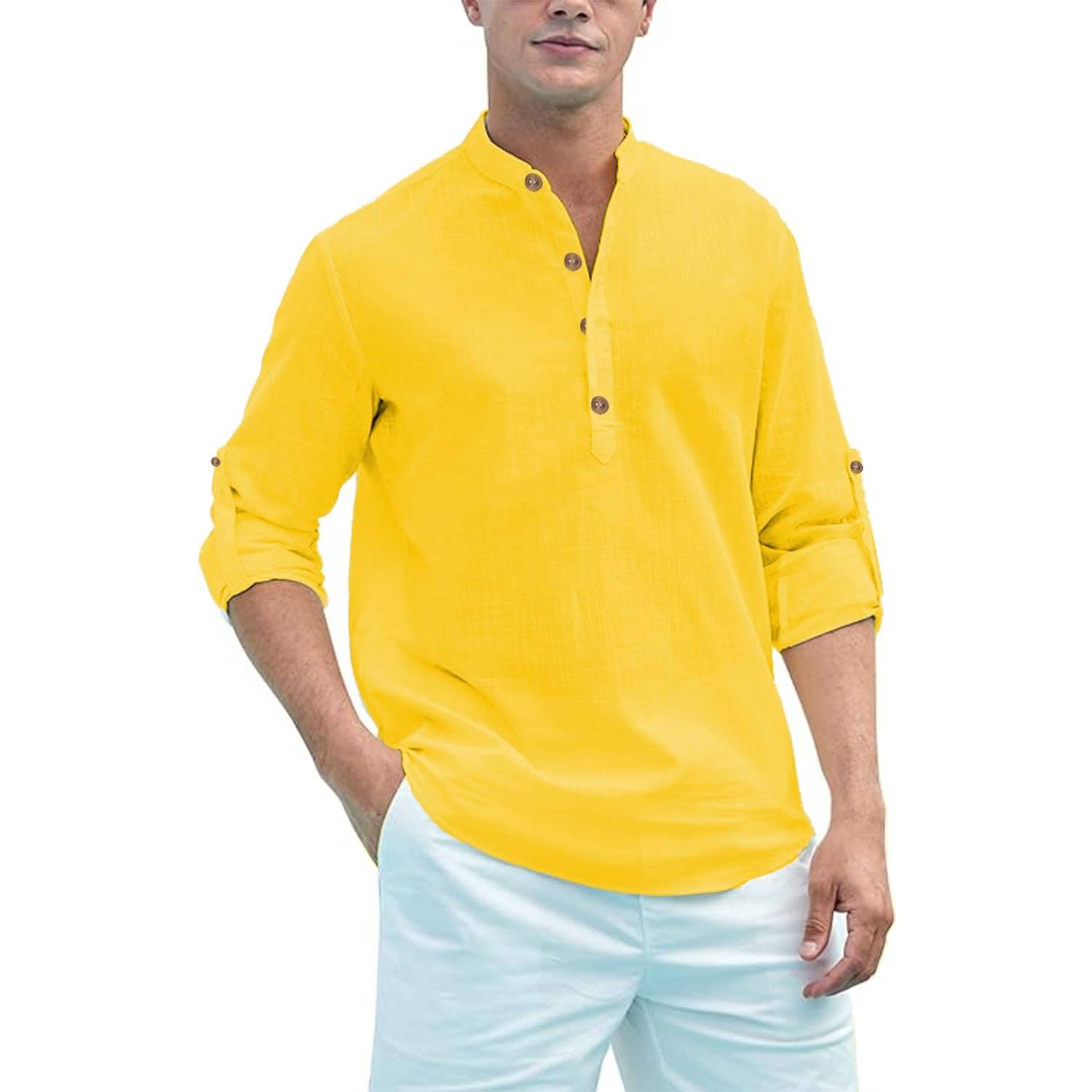 TrendiVastra Yellow Cotton Blend Men's Shirt Style Kurta ( Pack of 1 ) TrendiVastra Yellow Cotton Blend Men's Shirt Style Kurta ( Pack of 1 )