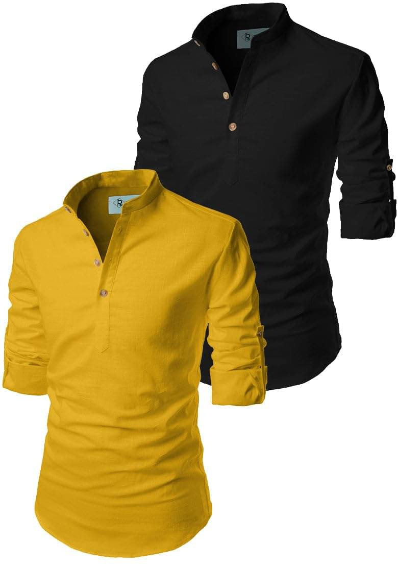 TrendiVastra Yellow Cotton Blend Men's Shirt Style Kurta ( Pack of 2 ) TrendiVastra Yellow Cotton Blend Men's Shirt Style Kurta ( Pack of 2 )