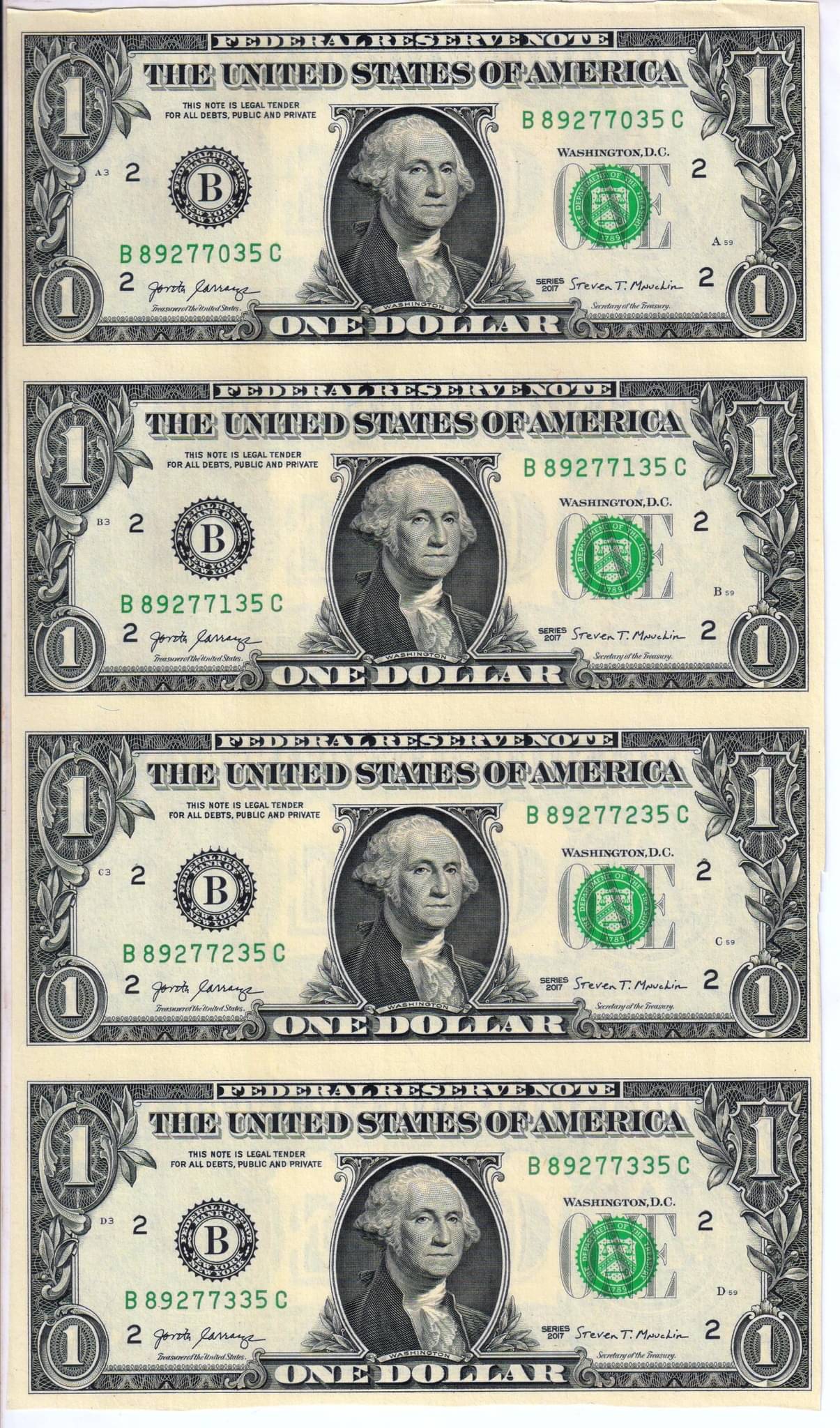     			Very Rare 1 Dollar U.S.A 4 UNC Notes Uncut Sheet