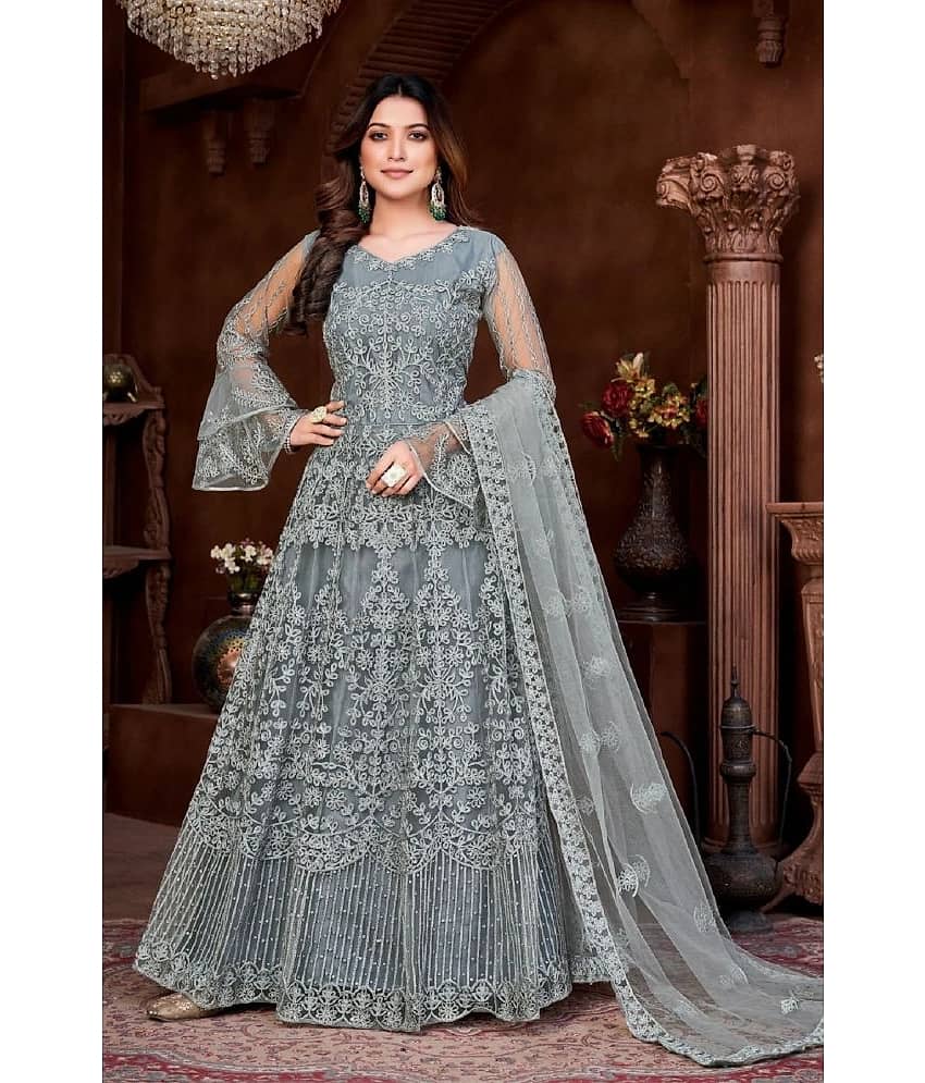 Lady Shopi Teal Flared Net Women's Semi Stitched Ethnic Gown ( Pack of 1 ) - Unstitched Fabrics | Buy online on ZillyBuy