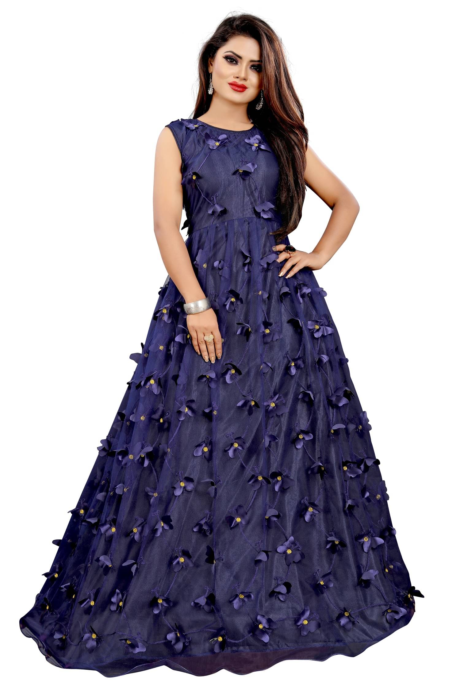Lady Shopi Navy Blue Flared Net Women's Semi Stitched Ethnic Gown ( Pack of 1 )     			Lady Shopi Navy Blue Flared Net Women's Semi Stitched Ethnic Gown ( Pack of 1 )