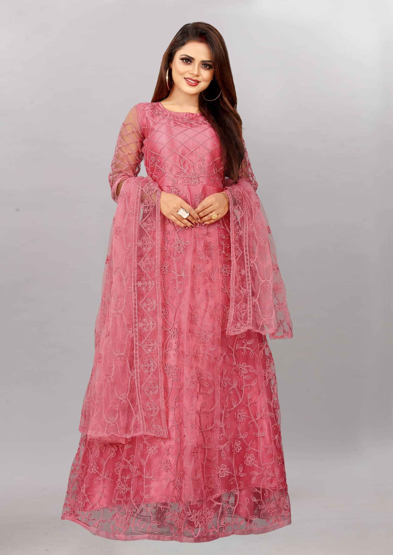 Lady Shopi Peach Flared Net Women's Semi Stitched Ethnic Gown ( Pack of 1 ) Lady Shopi Peach Flared Net Women's Semi Stitched Ethnic Gown ( Pack of 1 )