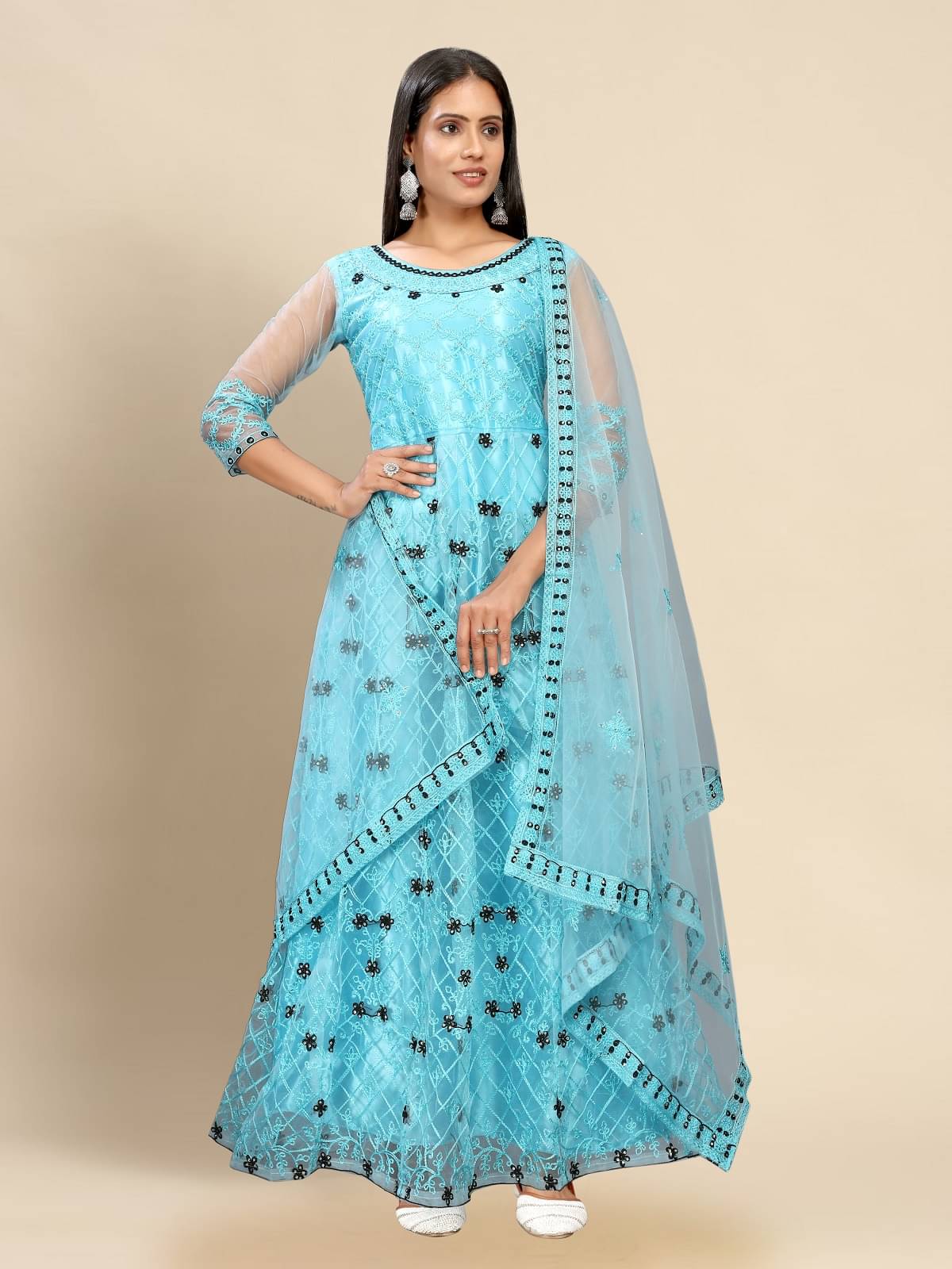 Lady Shopi Turquoise Flared Net Women's Semi Stitched Ethnic Gown ( Pack of 1 ) Lady Shopi Turquoise Flared Net Women's Semi Stitched Ethnic Gown ( Pack of 1 )