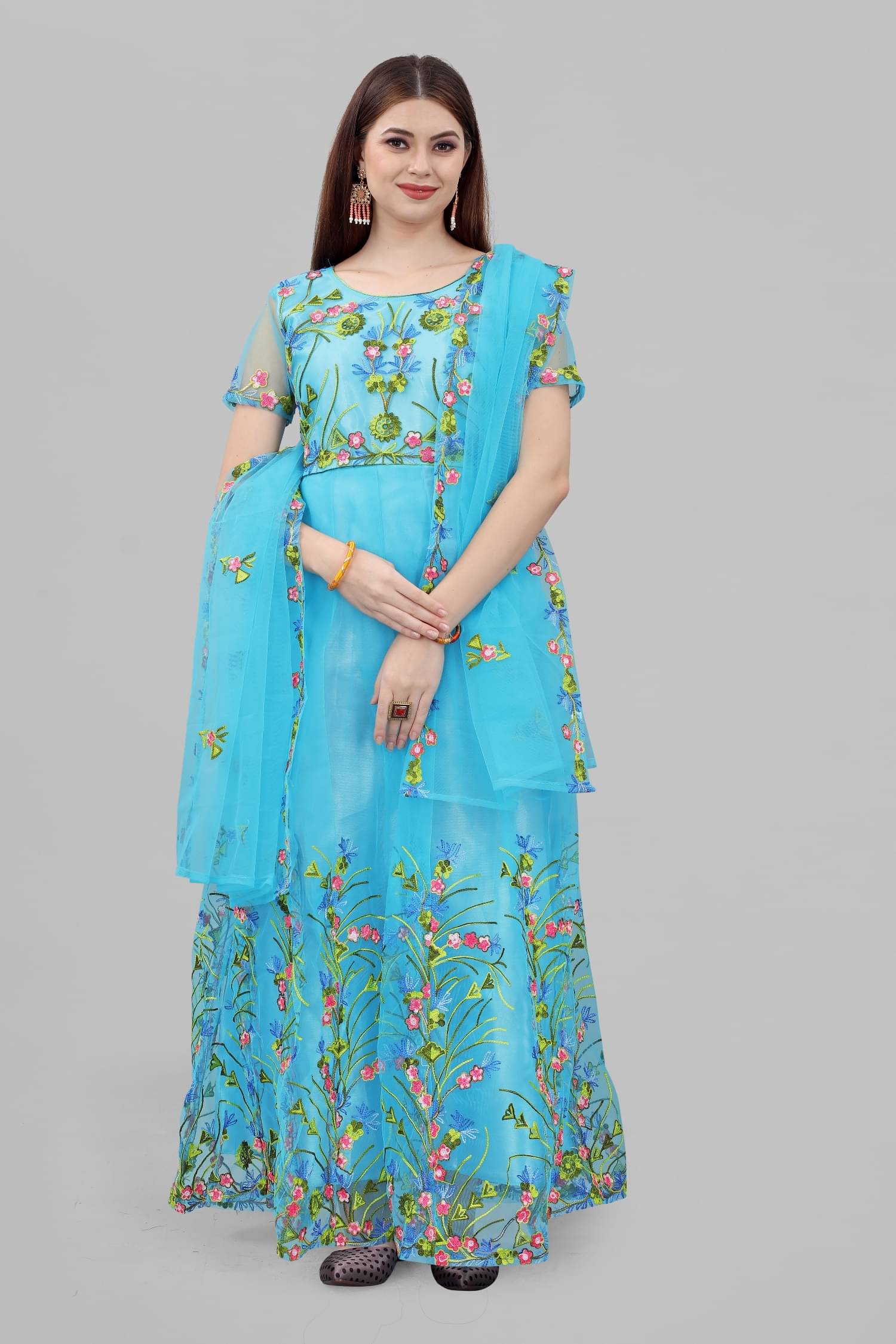 Lady Shopi Turquoise Flared Net Women's Semi Stitched Ethnic Gown ( Pack of 1 ) Lady Shopi Turquoise Flared Net Women's Semi Stitched Ethnic Gown ( Pack of 1 )