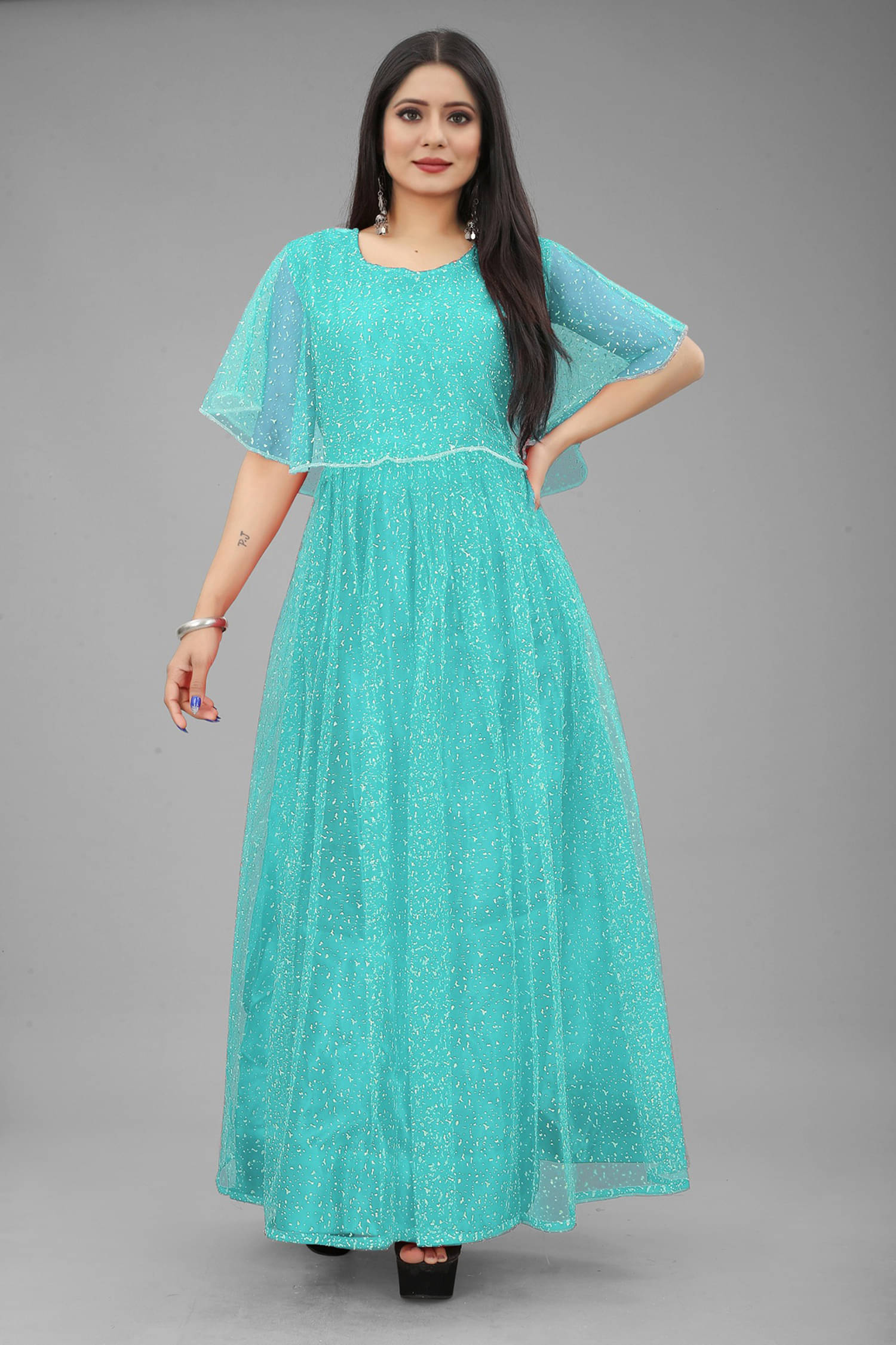 Lady Shopi Turquoise Flared Net Women's Semi Stitched Ethnic Gown ( Pack of 1 ) Lady Shopi Turquoise Flared Net Women's Semi Stitched Ethnic Gown ( Pack of 1 )