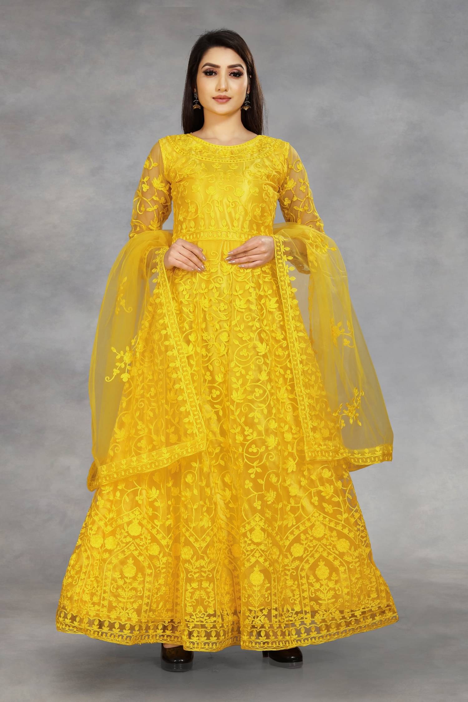 Lady Shopi Yellow Flared Net Women's Semi Stitched Ethnic Gown ( Pack of 1 ) Lady Shopi Yellow Flared Net Women's Semi Stitched Ethnic Gown ( Pack of 1 )