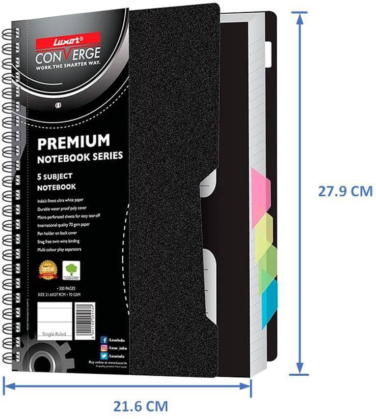 Luxor 5 Subject Notebook | 70 gsm Paper | Single Ruled | Pages - 300 | 21 x 29.7 CM | Spiral Binding | Pack of 1