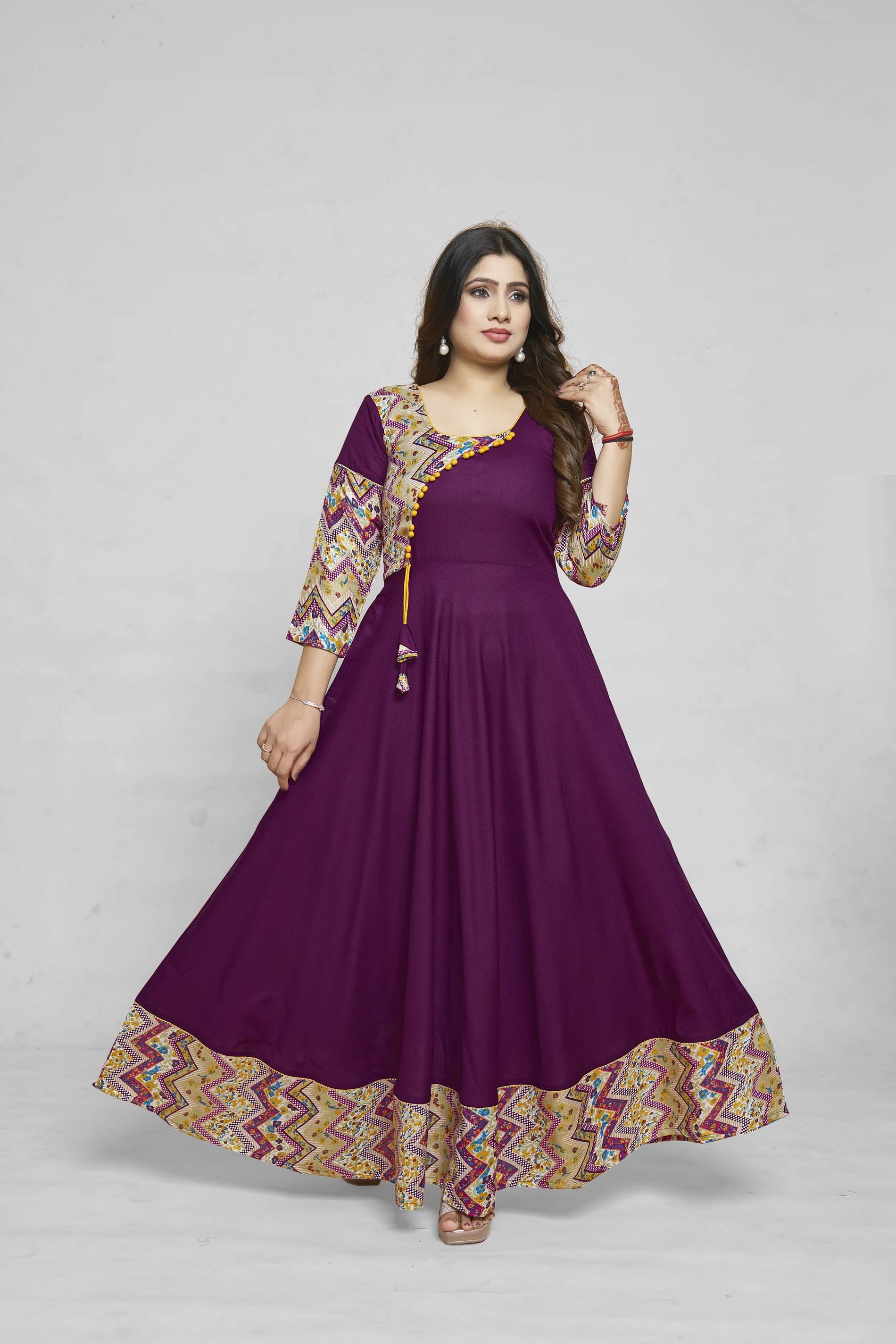     			MEESORRA Rayon Printed Anarkali Women's Kurti - Wine ( Pack of 1 )