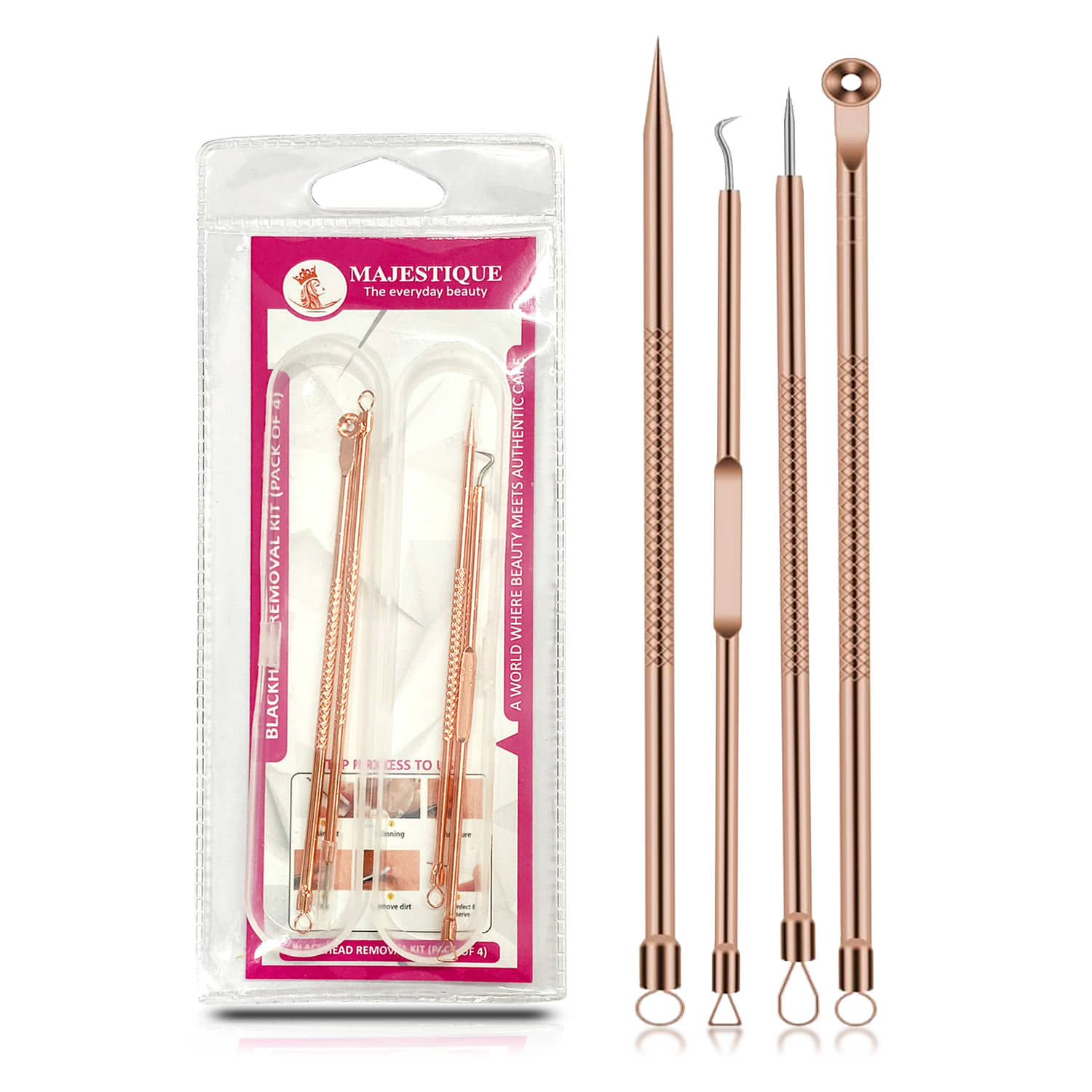 Majestique Blackhead Remover kit 4Pcs Proper Pimple Remover Tool - Blackhead Extractor Tool for Nose Face, Stainless Steel White Head Remover Kit for Men. Women