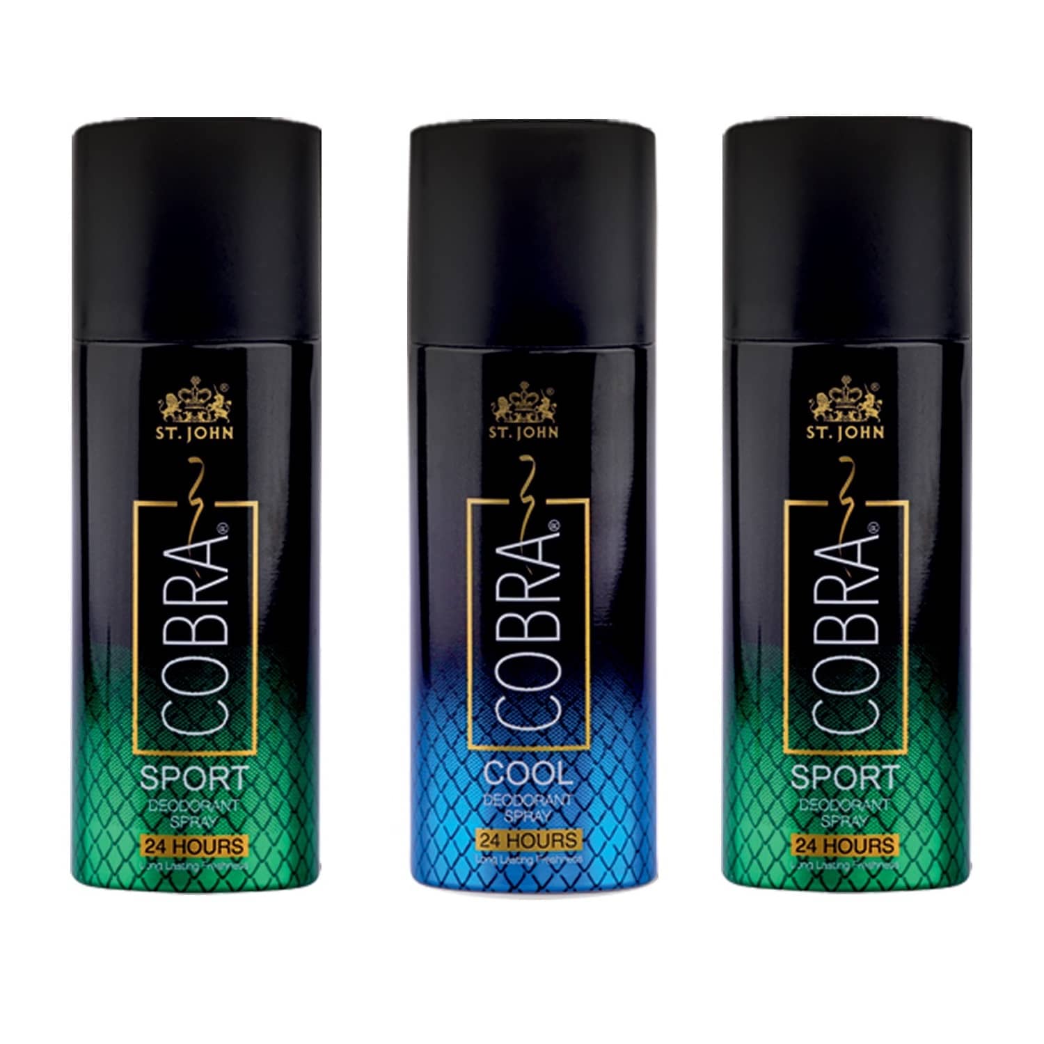 St. John Cobra Sport 50ml*2 & Cool 50ml Cobra Deodorant Spray for Men 50 ml ( Pack of 3 )