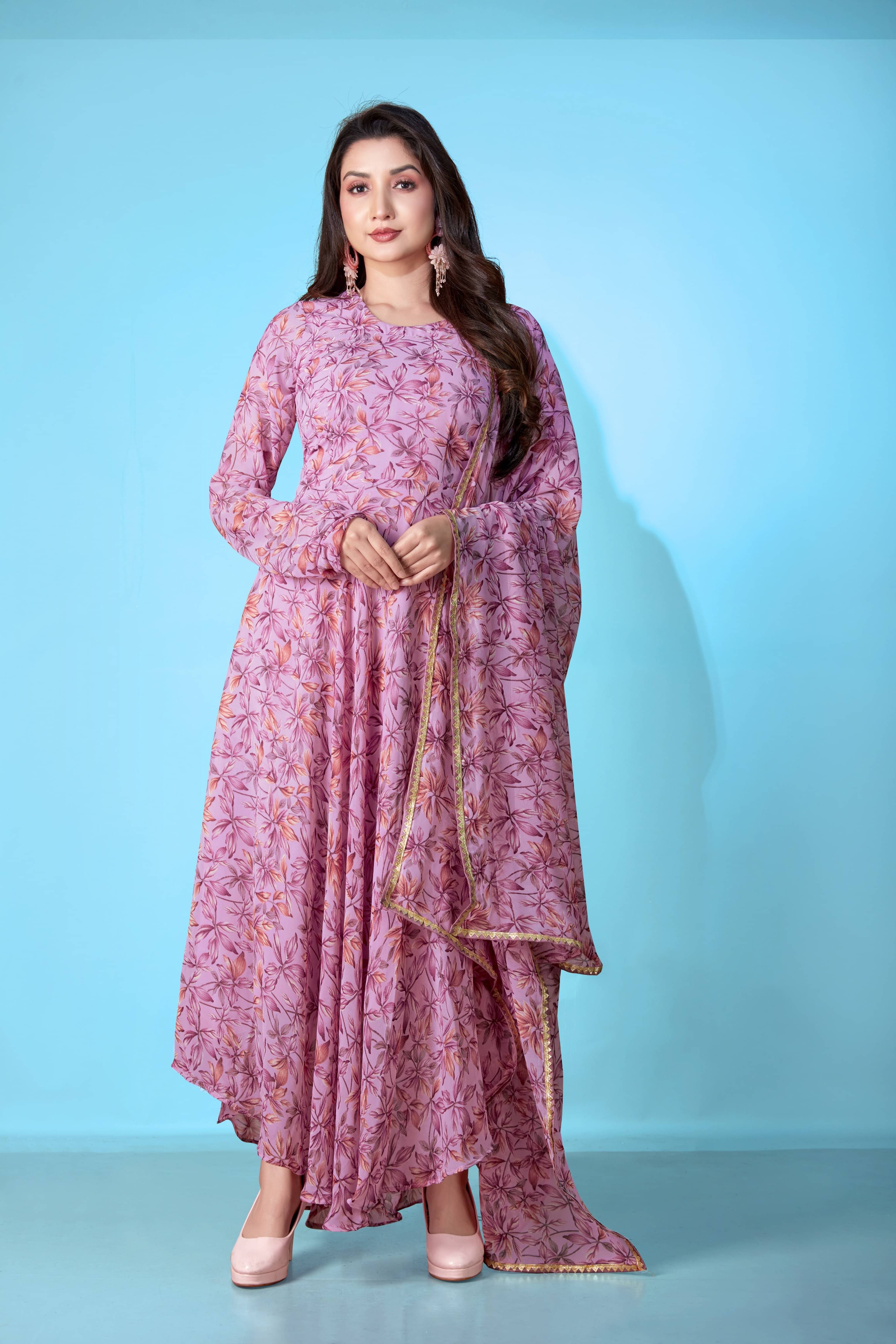 Varni Fabrics Georgette Printed Anarkali Women's Kurti with Dupatta - Pink ( Pack of 1 ) Varni Fabrics Georgette Printed Anarkali Women's Kurti with Dupatta - Pink ( Pack of 1 )
