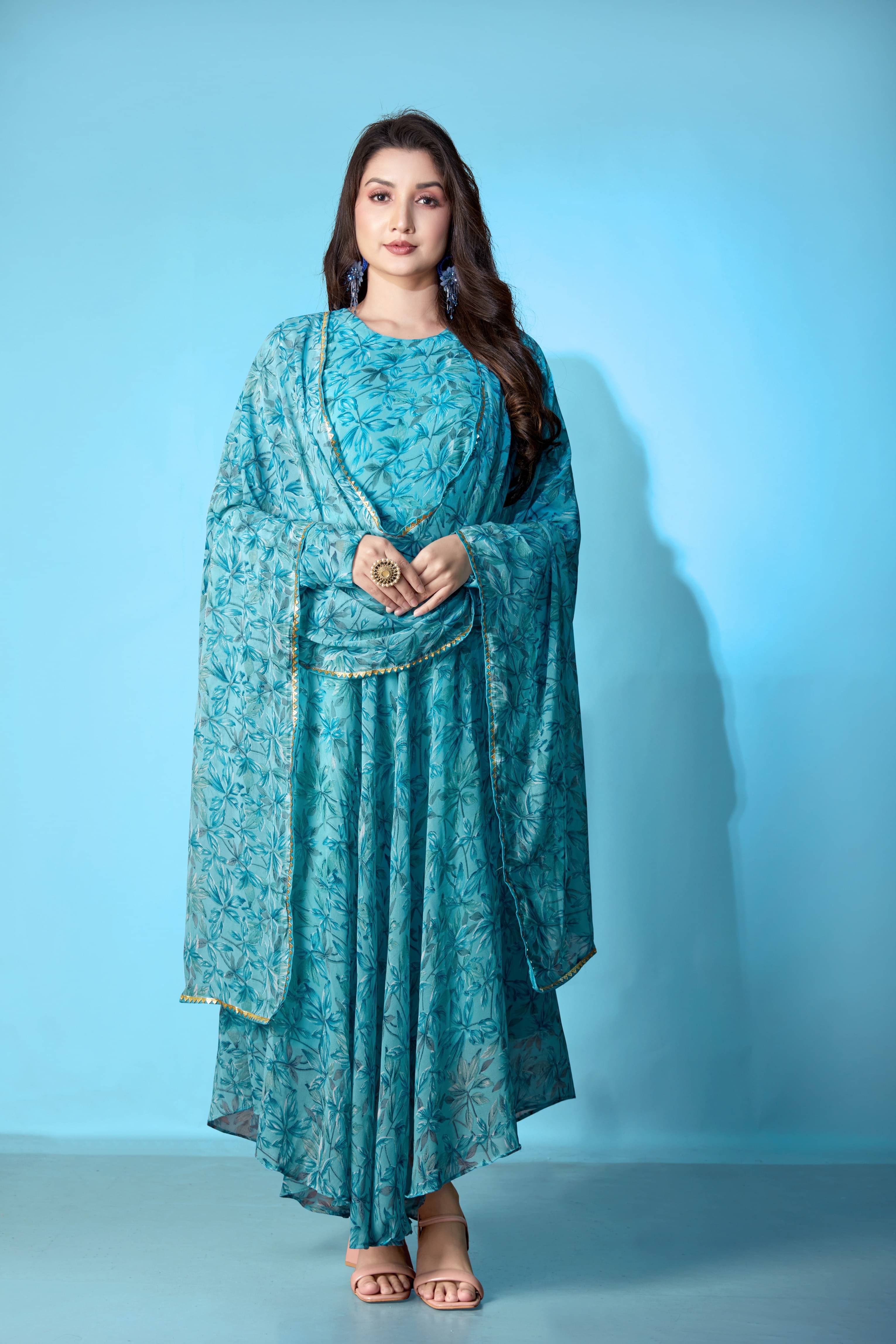 Varni Fabrics Georgette Printed Anarkali Women's Kurti with Dupatta - Light Blue ( Pack of 1 ) Varni Fabrics Georgette Printed Anarkali Women's Kurti with Dupatta - Light Blue ( Pack of 1 )