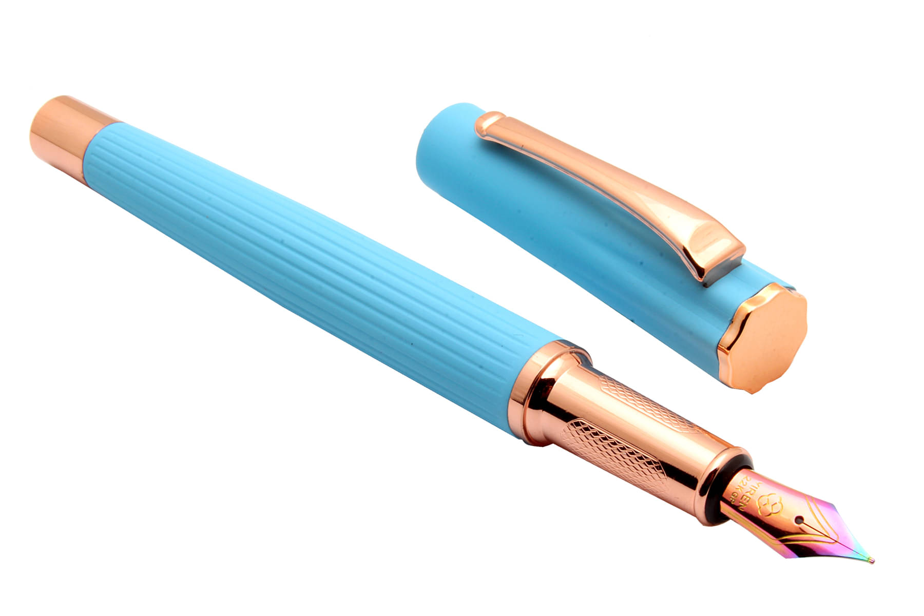     			Yiren 3979 Sky Blue Velvet Rubber Finish Metal Body Fountain Pen Rainbow Colored Fine Nib & Rose Gold Trims