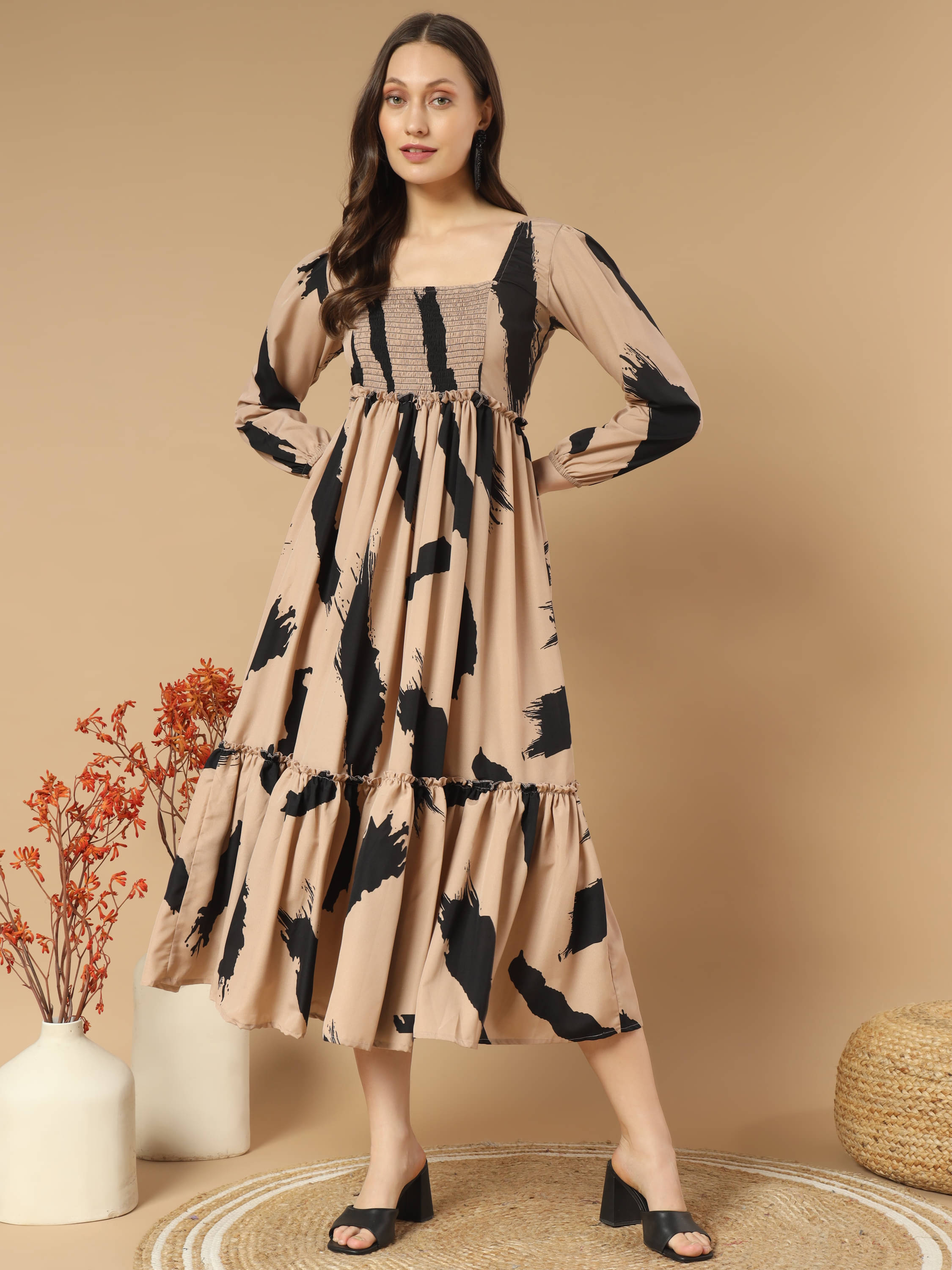 ZWERLON Crepe Printed Midi Women's Fit & Flare Dress - Beige ( Pack of 1 ) ZWERLON Crepe Printed Midi Women's Fit & Flare Dress - Beige ( Pack of 1 )
