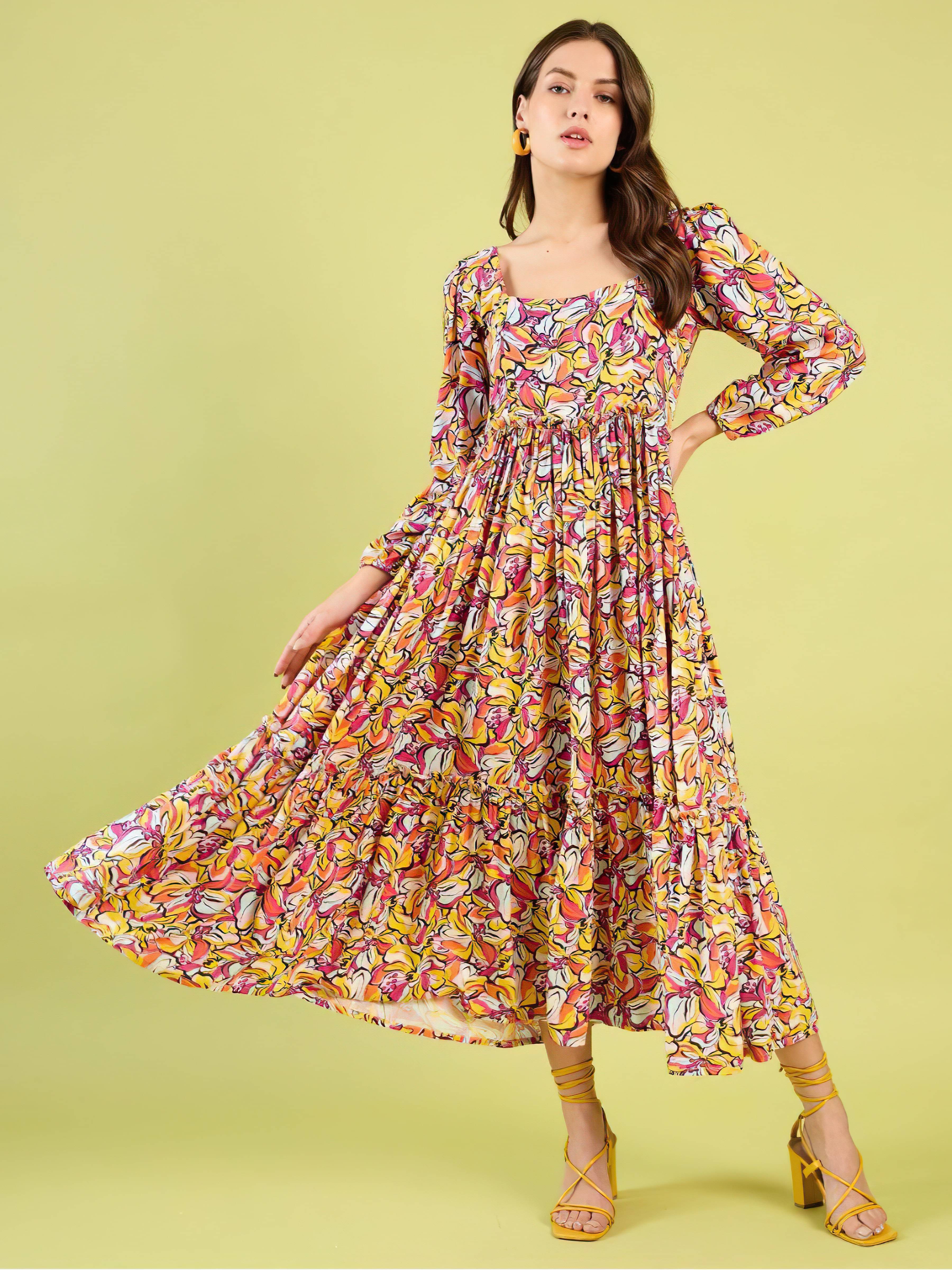 ZWERLON Crepe Printed Midi Women's Fit & Flare Dress - Yellow ( Pack of 1 ) ZWERLON Crepe Printed Midi Women's Fit & Flare Dress - Yellow ( Pack of 1 )