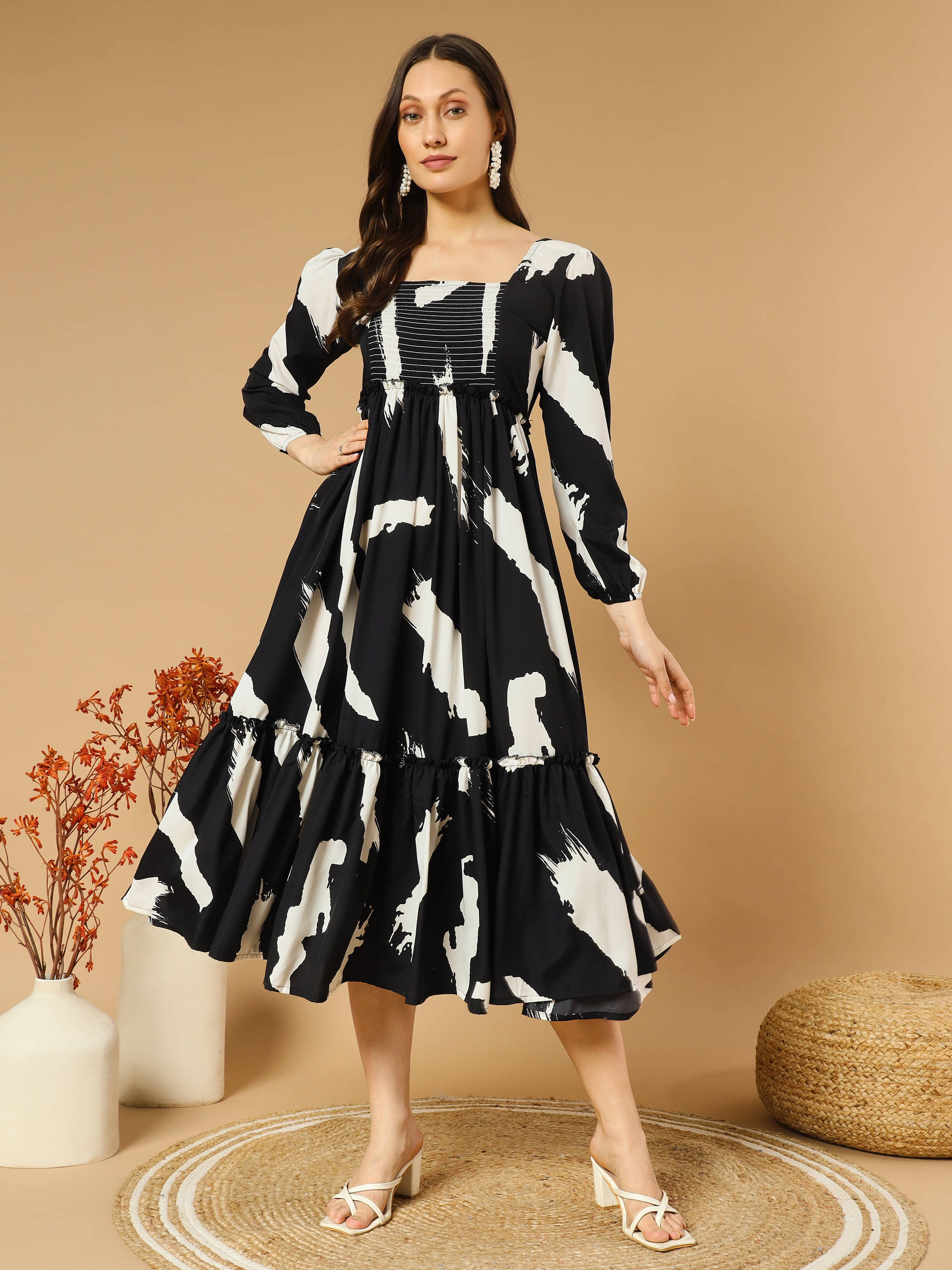 ZWERLON Crepe Printed Midi Women's Fit & Flare Dress - Black ( Pack of 1 ) ZWERLON Crepe Printed Midi Women's Fit & Flare Dress - Black ( Pack of 1 )