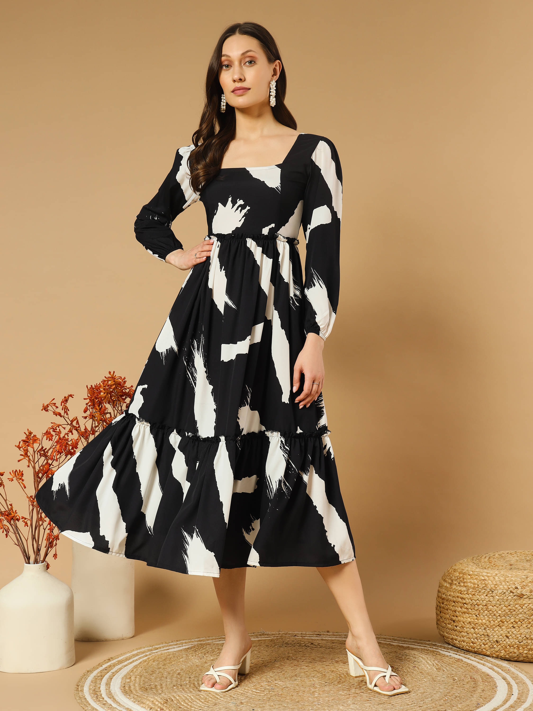     			ZWERLON Crepe Printed Midi Women's Fit & Flare Dress - Black ( Pack of 1 )