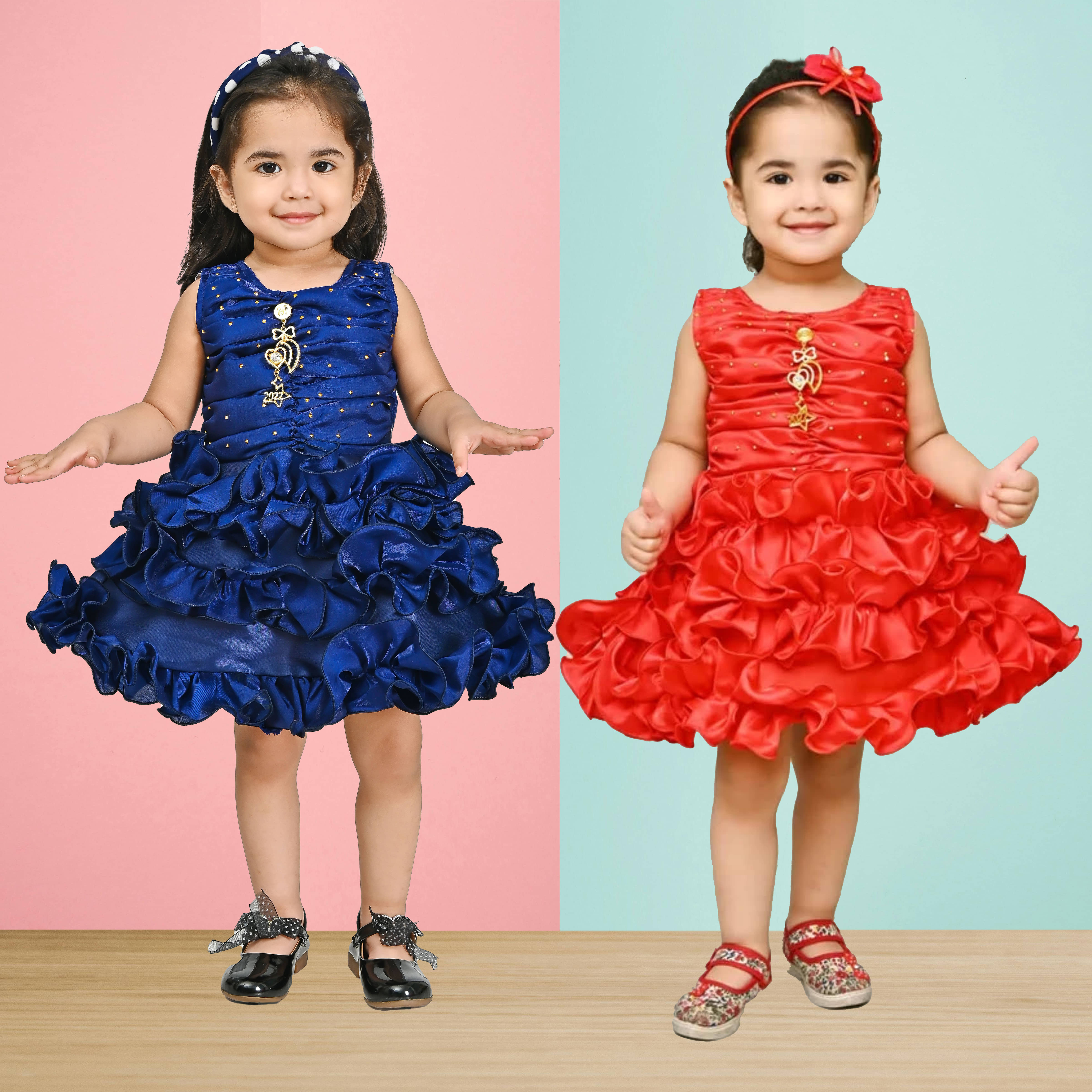 IMON BASID Pack of 2 Baby Girls Silk Frock ( Red & Blue )