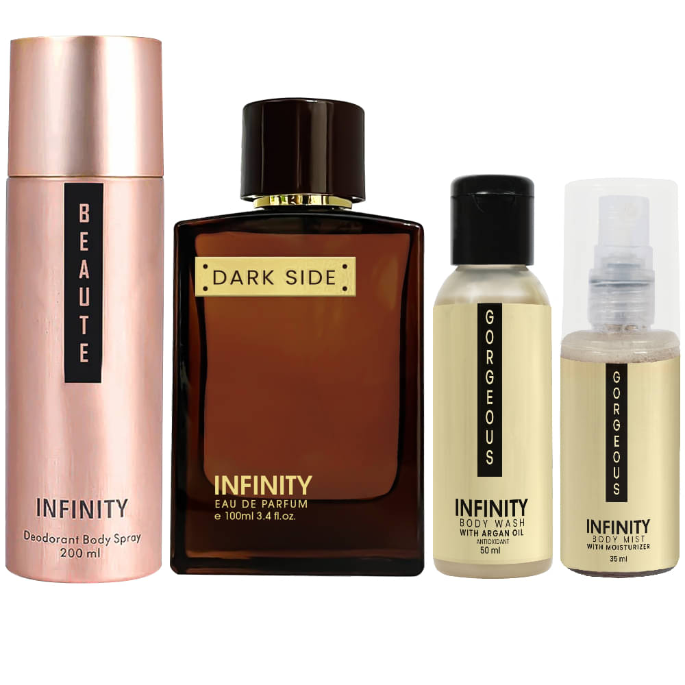     			Infinity Dark Side Perfume, Beaute Deodorant, Gorgeous Body Wash & Gorgeous Body Mist Travel Friendly Pack of 4
