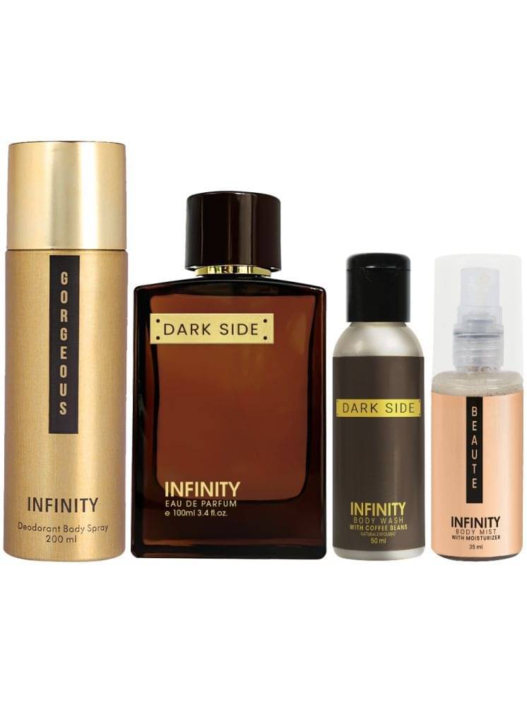     			Infinity Dark Side Perfume, Gorgeous Deodorant, Dark Side Body Wash & Beaute Body Mist Travel Friendly Pack of 4