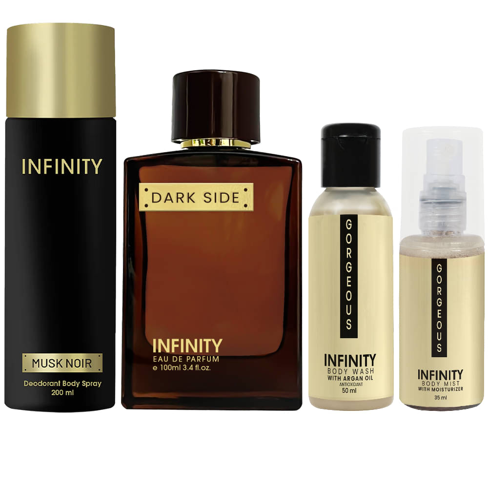     			Infinity Dark Side Perfume, Musk Noir Deodorant, Gorgeous Body Wash & Gorgeous Body Mist Travel Friendly Pack of 4