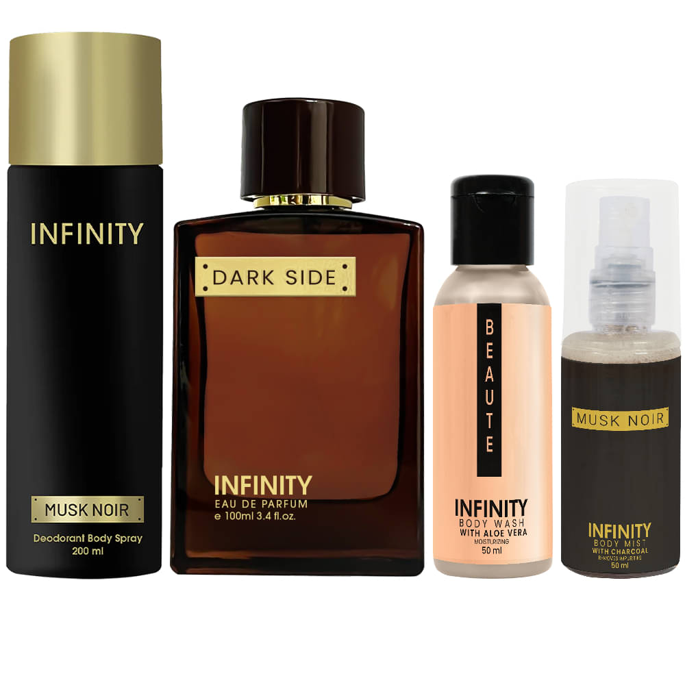     			Infinity Dark Side Perfume, Musk Noir Deodorant, Beaute Body Wash & Musk Noir Body Mist Travel Friendly Pack of 4