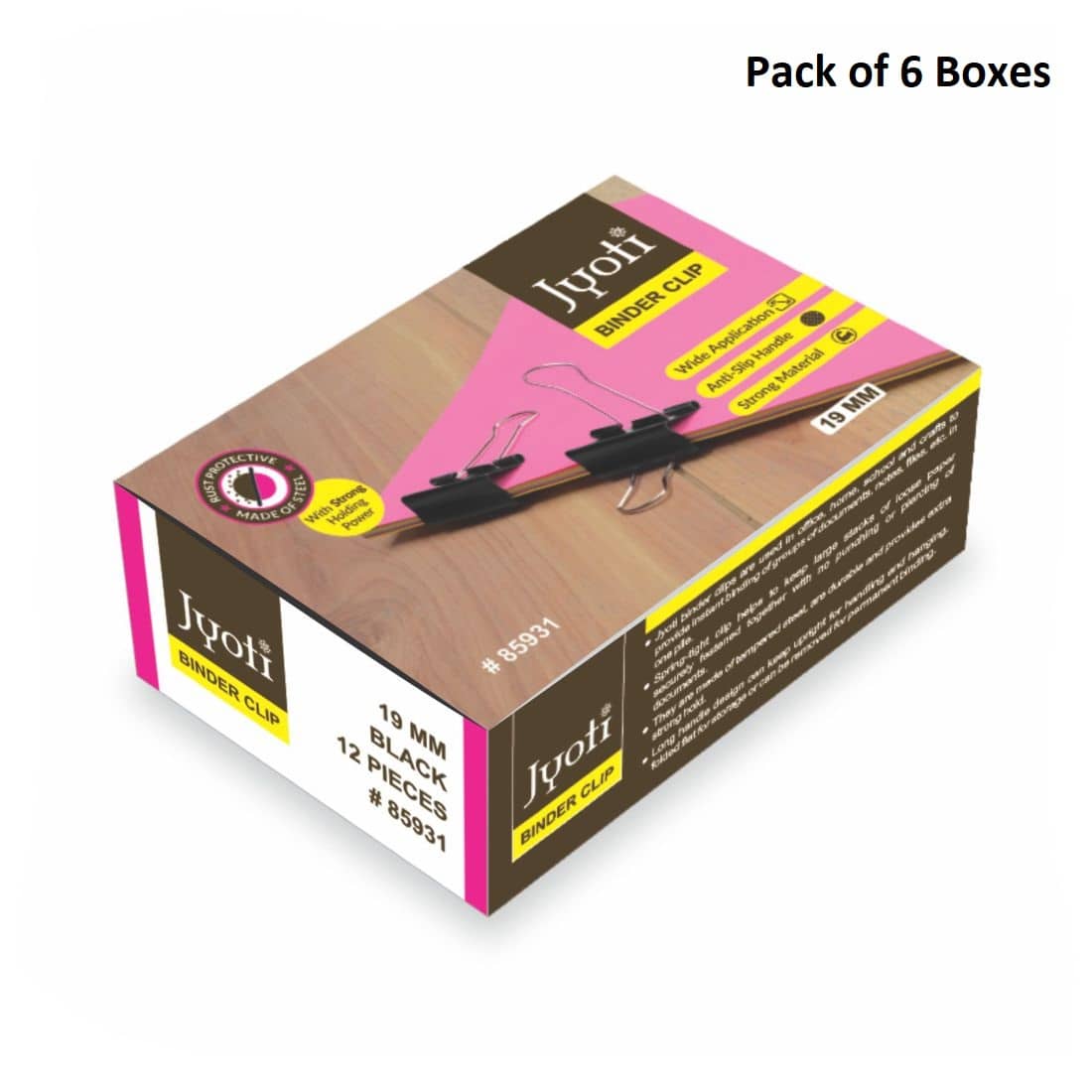 Jyoti Binder Clip Paper Holding Capacity Files Organized & Secure for Office, School, Institutions # 85931 (12 Pieces of Size 19mm of Black Color in a Paper Box), Capacity 90 Pages - Pack of 6 Boxes - Stationery | Buy online on ZillyBuy