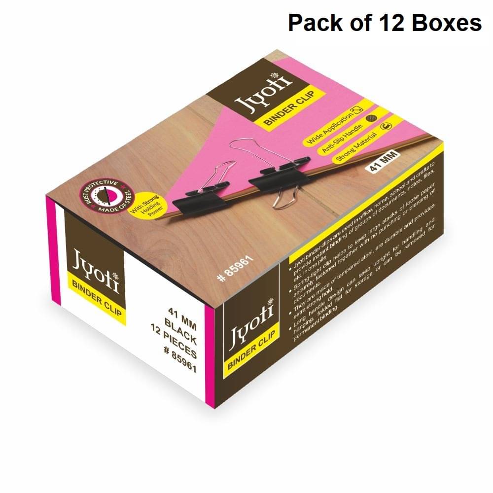     			Jyoti Binder Clip Paper Holding Capacity Files Organized & Secure for Office, School, Institutions # 85961 (12 Pieces of Size 41mm of Black Color in a Paper Box), Capacity 90 Pages - Pack of 12 Boxes