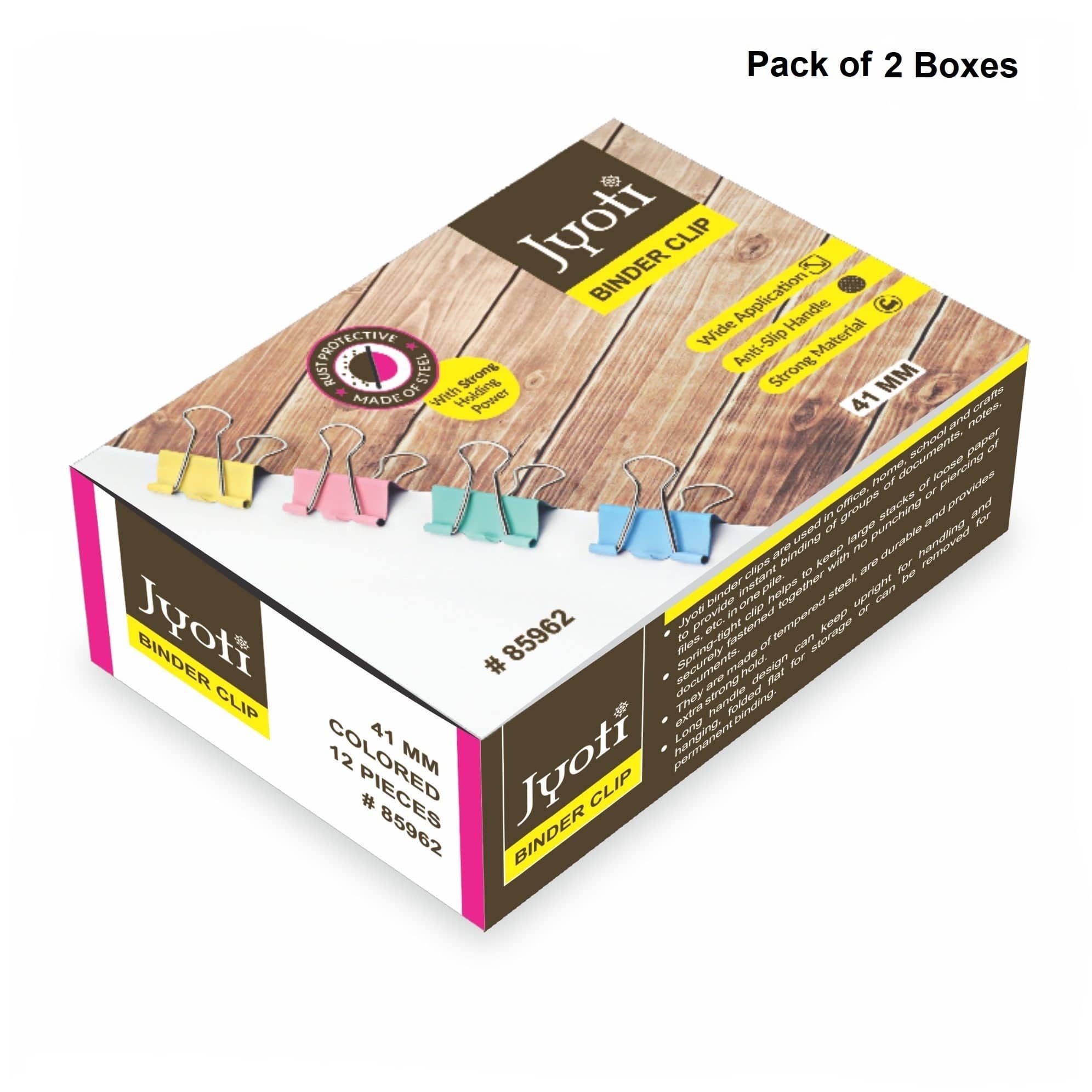 Jyoti Binder Clip Paper Holding Capacity Files Organized & Secure for Office, School, Institutions # 85962 (12 Pieces of Size 41mm of Multicolor in a Paper Box), Capacity 90 Pages - Pack of 2 Boxes - Stationery | Buy online on ZillyBuy