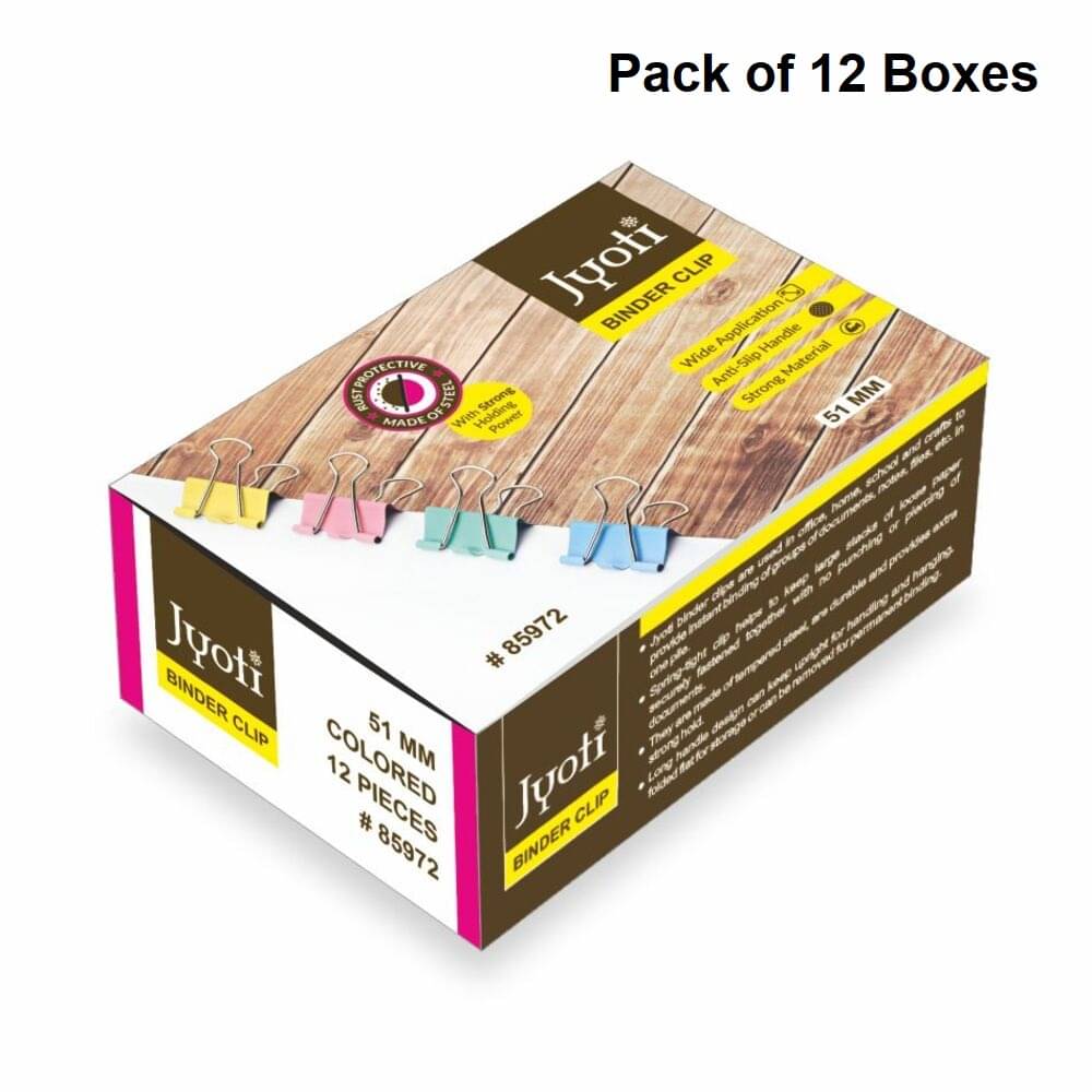     			Jyoti Binder Clip Paper Holding Capacity Files Organized & Secure for Office, School, Institutions # 85972, (12 Pieces of Size 51mm of Multicolor in a Paper Box), Capacity 90 Pages - Pack of 12 Boxes