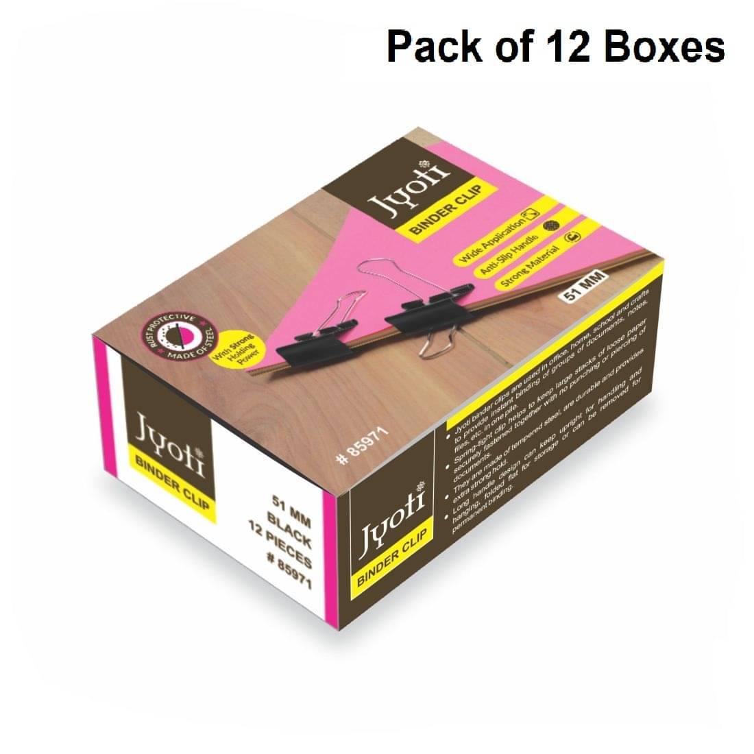     			Jyoti Binder Clip Paper Holding Capacity Files Organized & Secure for Office, School, Institutions # 85971 (12 Pieces of Size 51mm of Black Color in a Paper Box), Capacity 90 Pages - Pack of 12 Boxes