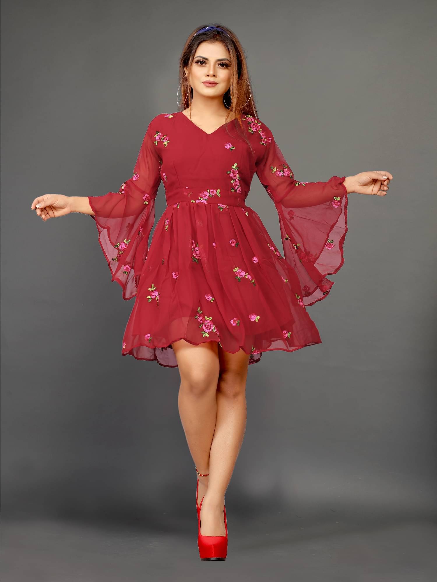 Lady Shopi Women Georgette Printed Fit & Flare Dress ( Red ) Lady Shopi Women Georgette Printed Fit & Flare Dress ( Red )