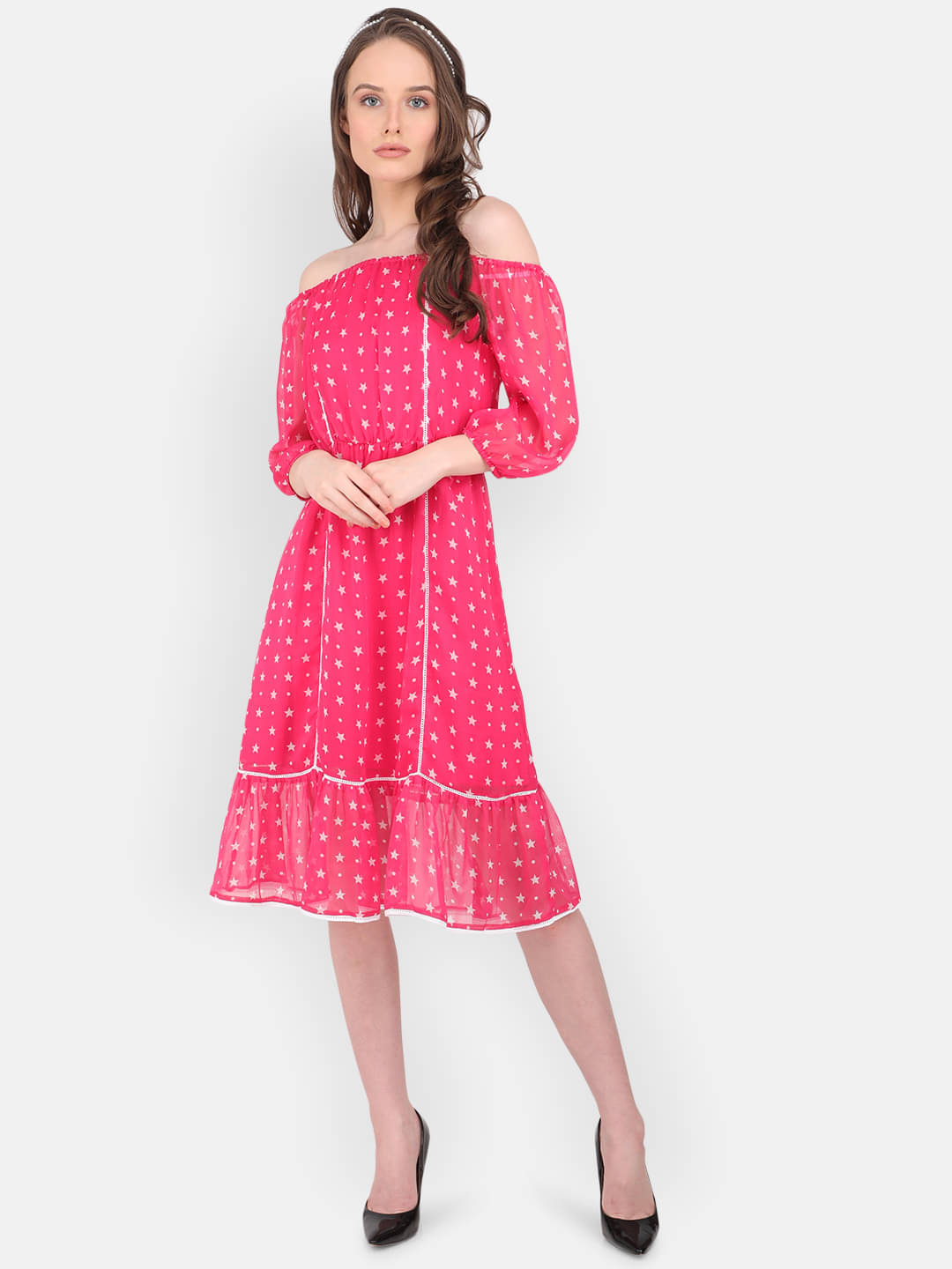     			marc louis Women Georgette Printed Fit & Flare Dress ( Pink )