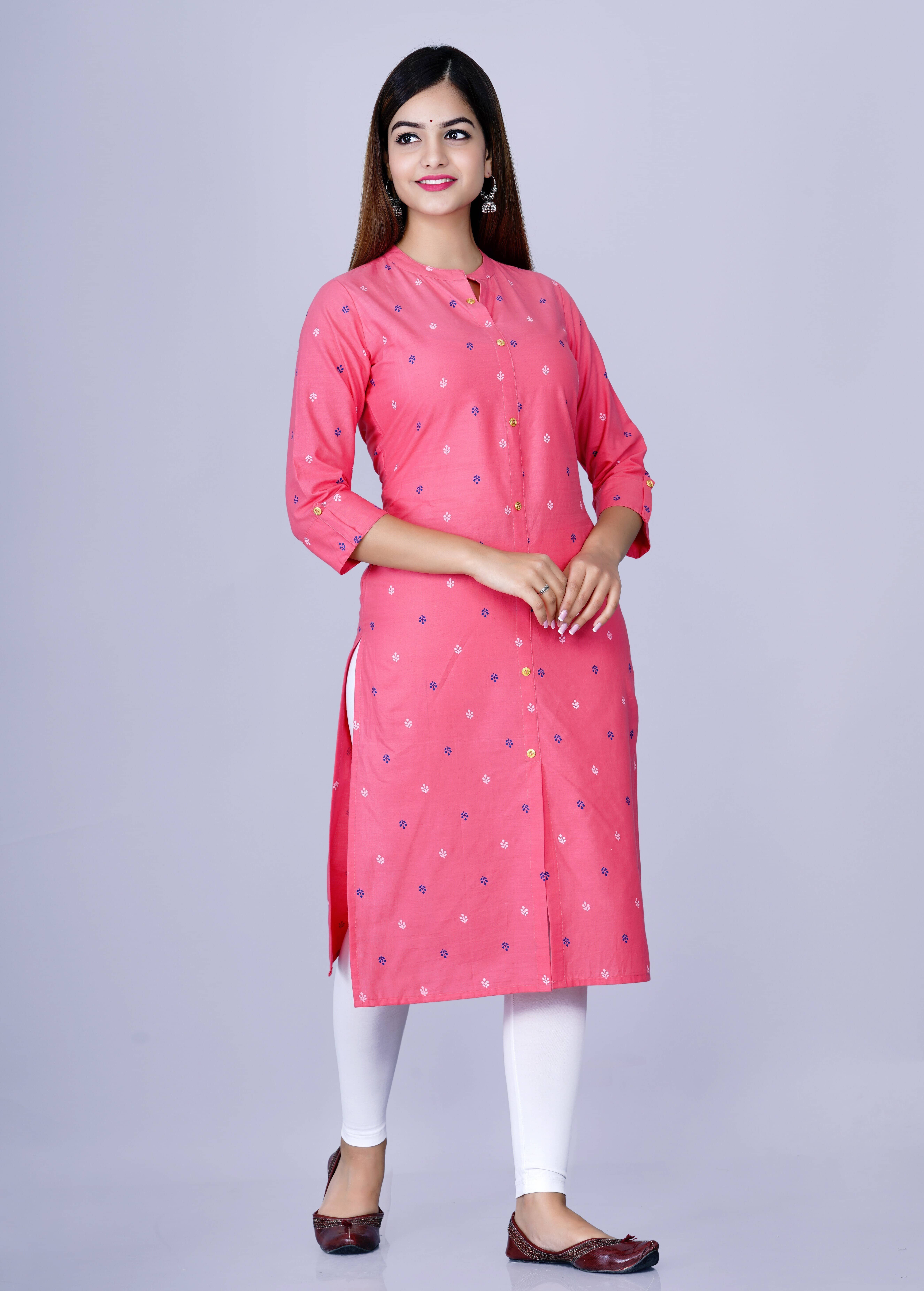GlowWorld Cotton Printed Front Slit Women's Kurti - Pink ( Pack of 1 ) - Kurtis, Tunics | Buy online on ZillyBuy