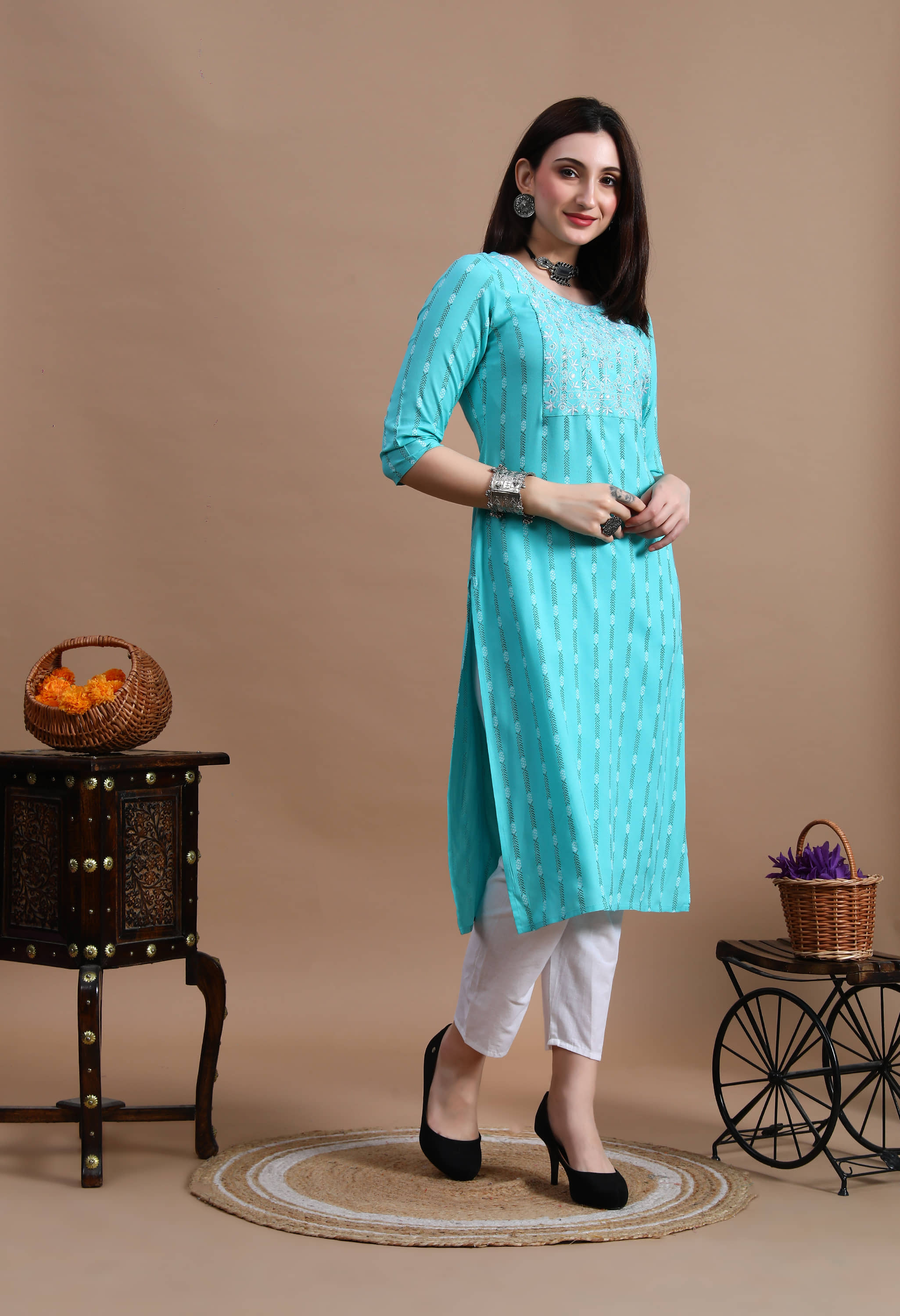 GlowWorld Viscose Blend Embroidered Straight Women's Kurti - Light Blue ( Pack of 1 ) - Kurtis, Tunics | Buy online on ZillyBuy
