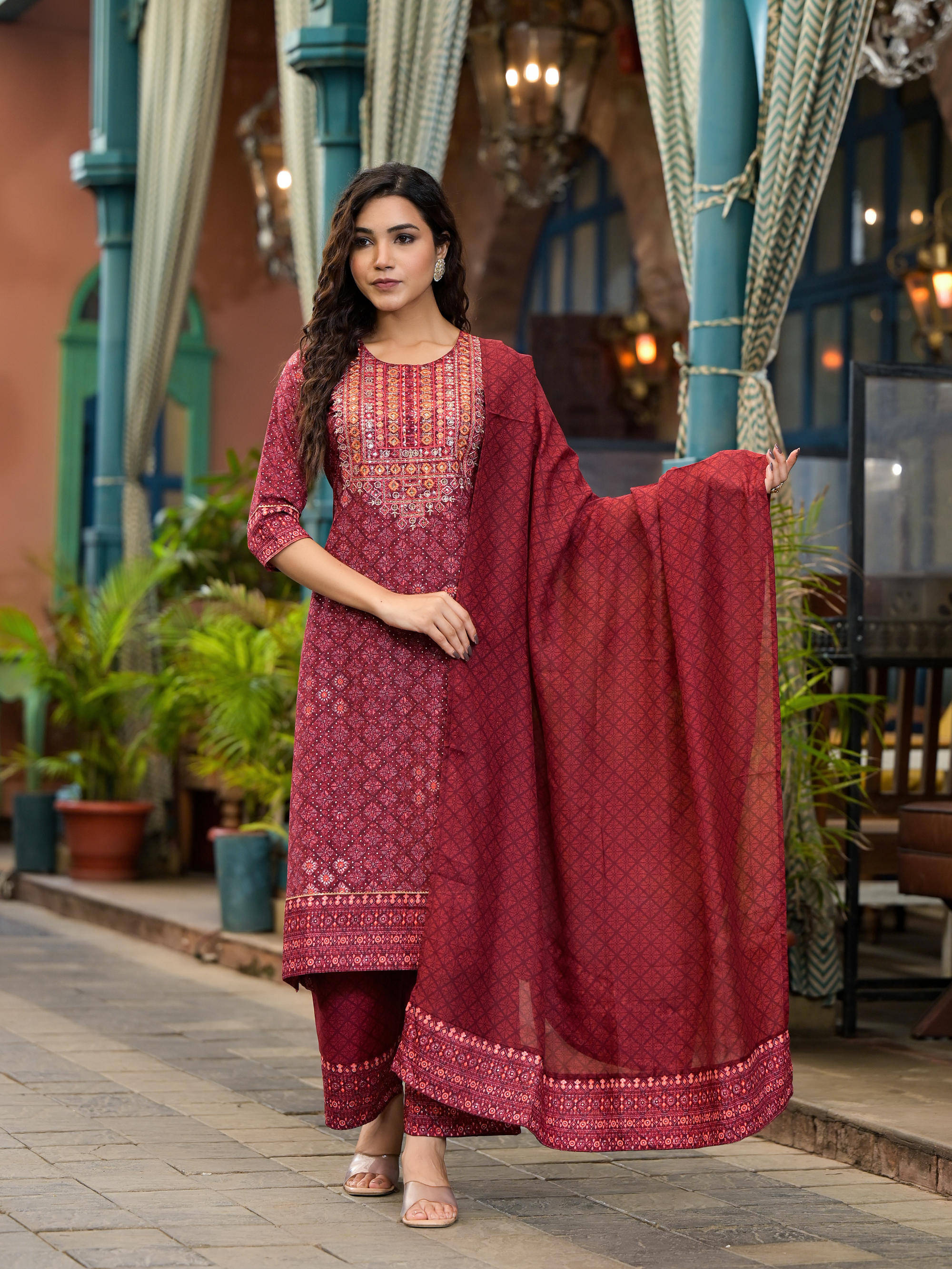 Juniper Cotton Blend Printed Kurti With Palazzo Women's Stitched Salwar Suit - Rust ( Pack of 1 ) Juniper Cotton Blend Printed Kurti With Palazzo Women's Stitched Salwar Suit - Rust ( Pack of 1 )