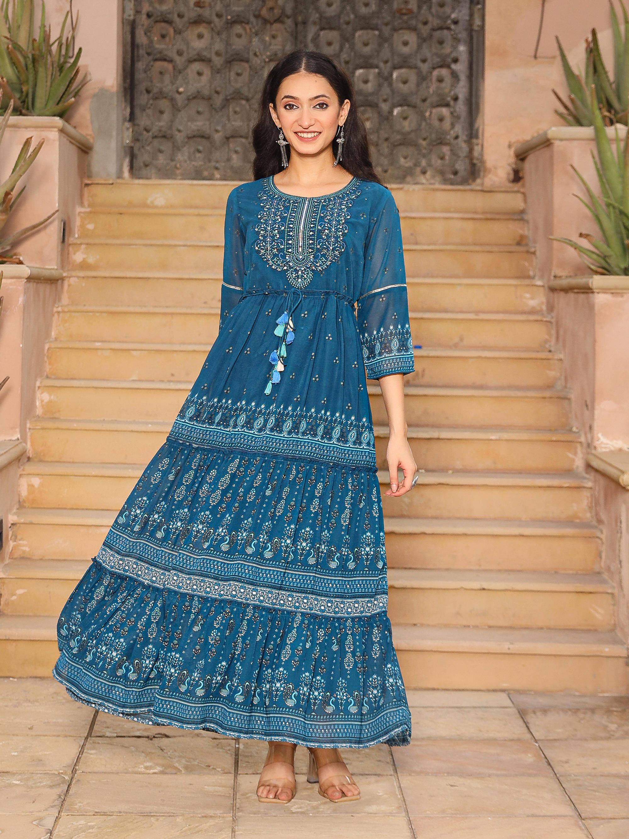     			Juniper Georgette Embroidered Ankle Length Women's Fit & Flare Dress - Blue ( Pack of 1 )