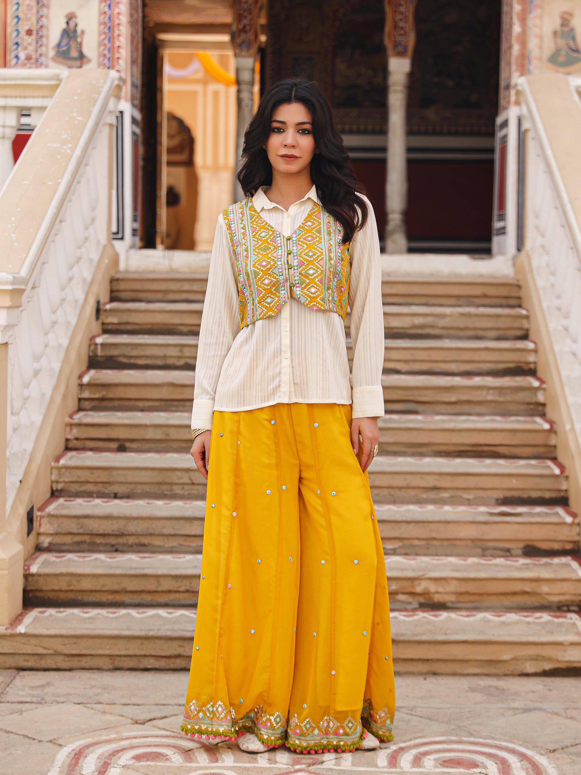     			Juniper Women Solid Shirt With Palazzos Co-Ord Set ( Mustard )