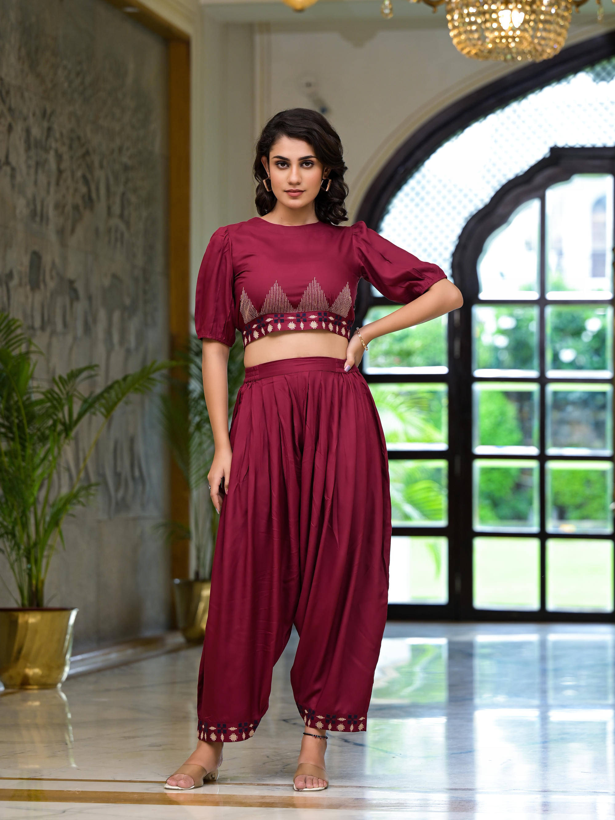     			Juniper Women Embroidered Top With Trousers Co-Ord Set ( Rust )