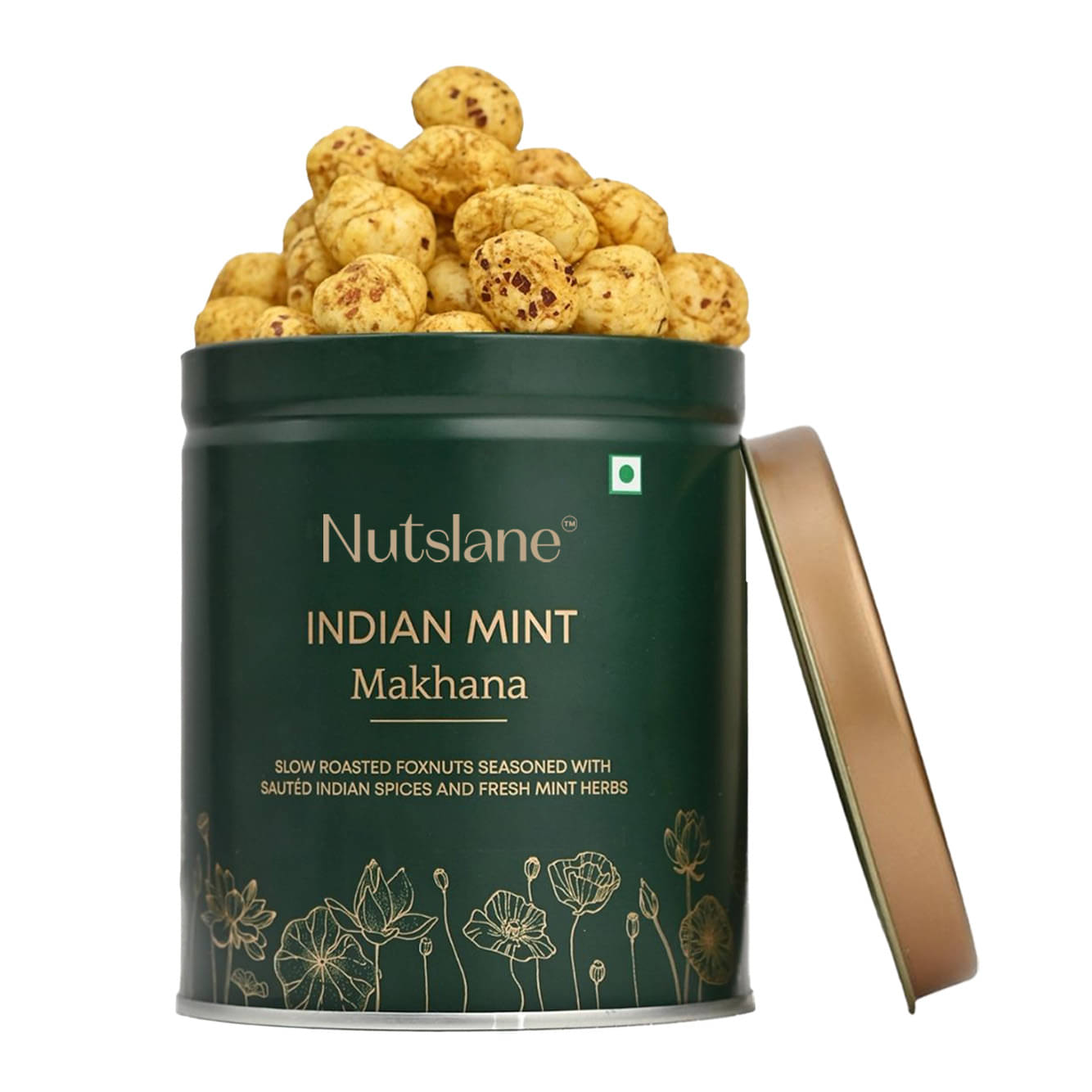 Nutslane Premium Indian Mint Makhana Seasoned with Sauted Indian Spices and Fresh Mint Herbs - 50g Nutslane Premium Indian Mint Makhana Seasoned with Sauted Indian Spices and Fresh Mint Herbs - 50g