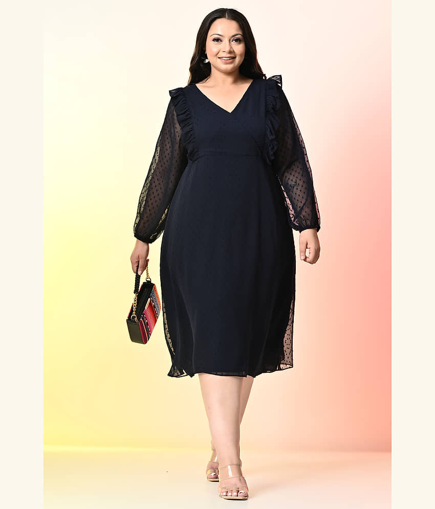 PrettyPlus by Desinoor.com Women Georgette Self Design Fit & Flare Dress ( Navy )