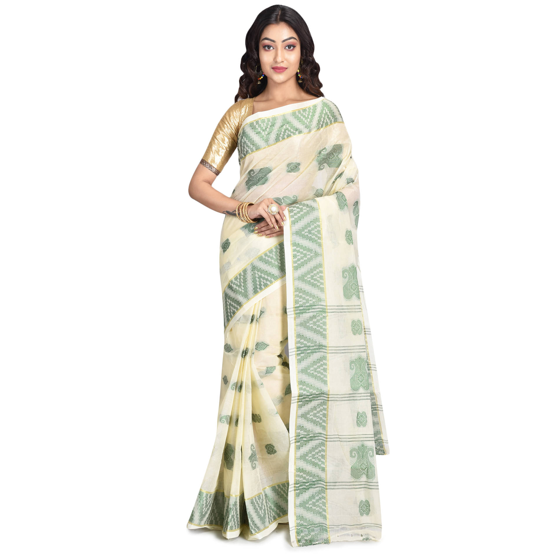     			RAJ SAREE HOUSE Cotton Self Design Saree Without Blouse Piece ( Off White,Light Green )